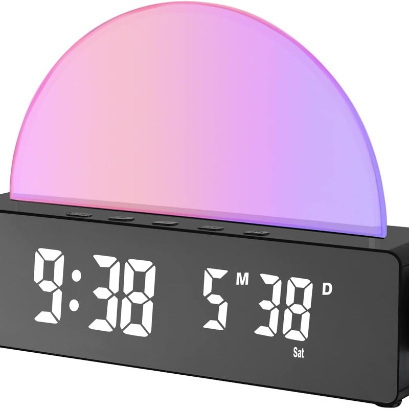 Podświetlany budzik z 10 trybami kolorów, cyfrowy zegar LED z datą/temperaturą, port ładowania USB, funkcja drzemki i tryb nocny (czarny)