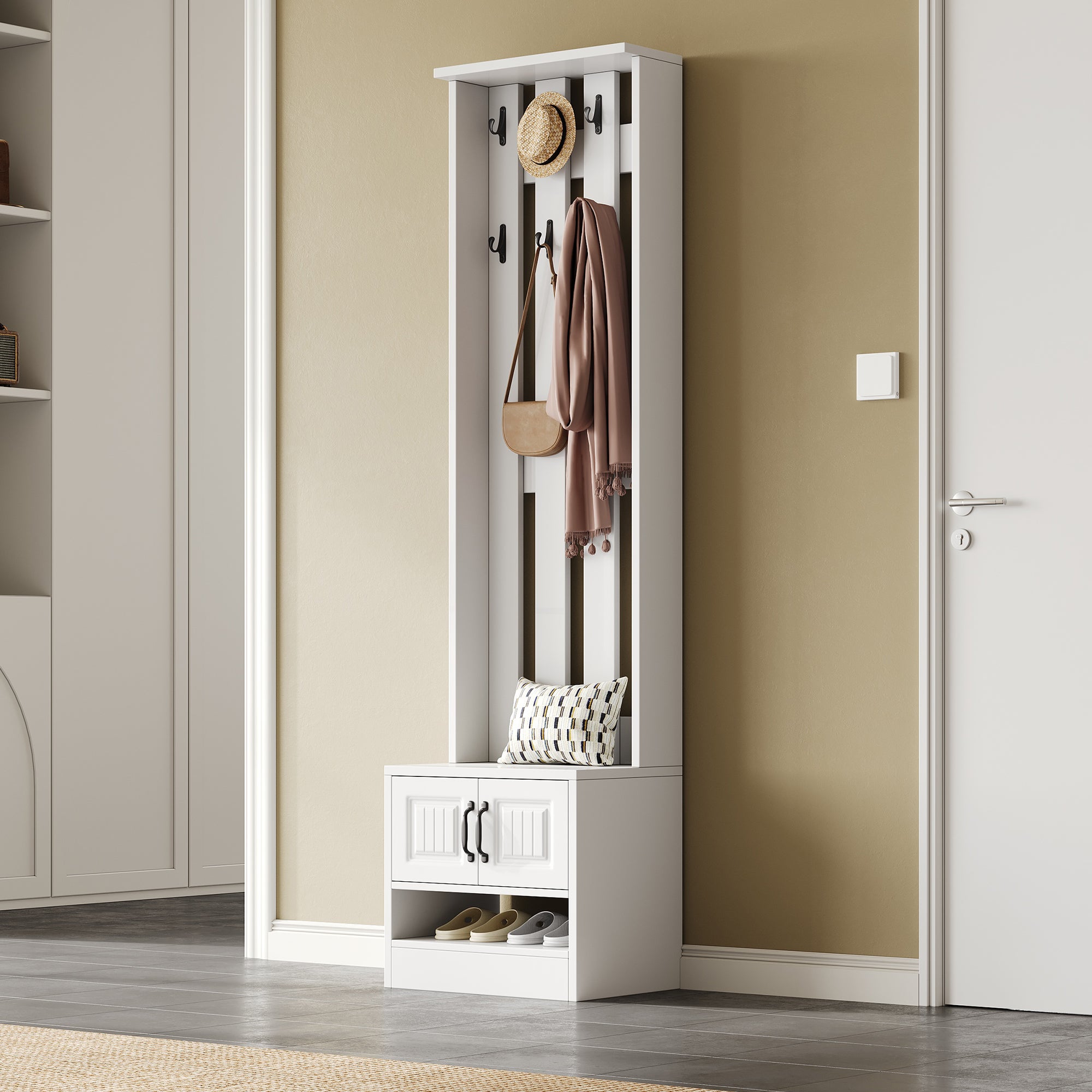 Zestaw mebli do przedpokoju 50x36x190 cm - z 2 drzwiami - z 8 wieszakami i ławką na buty - biały