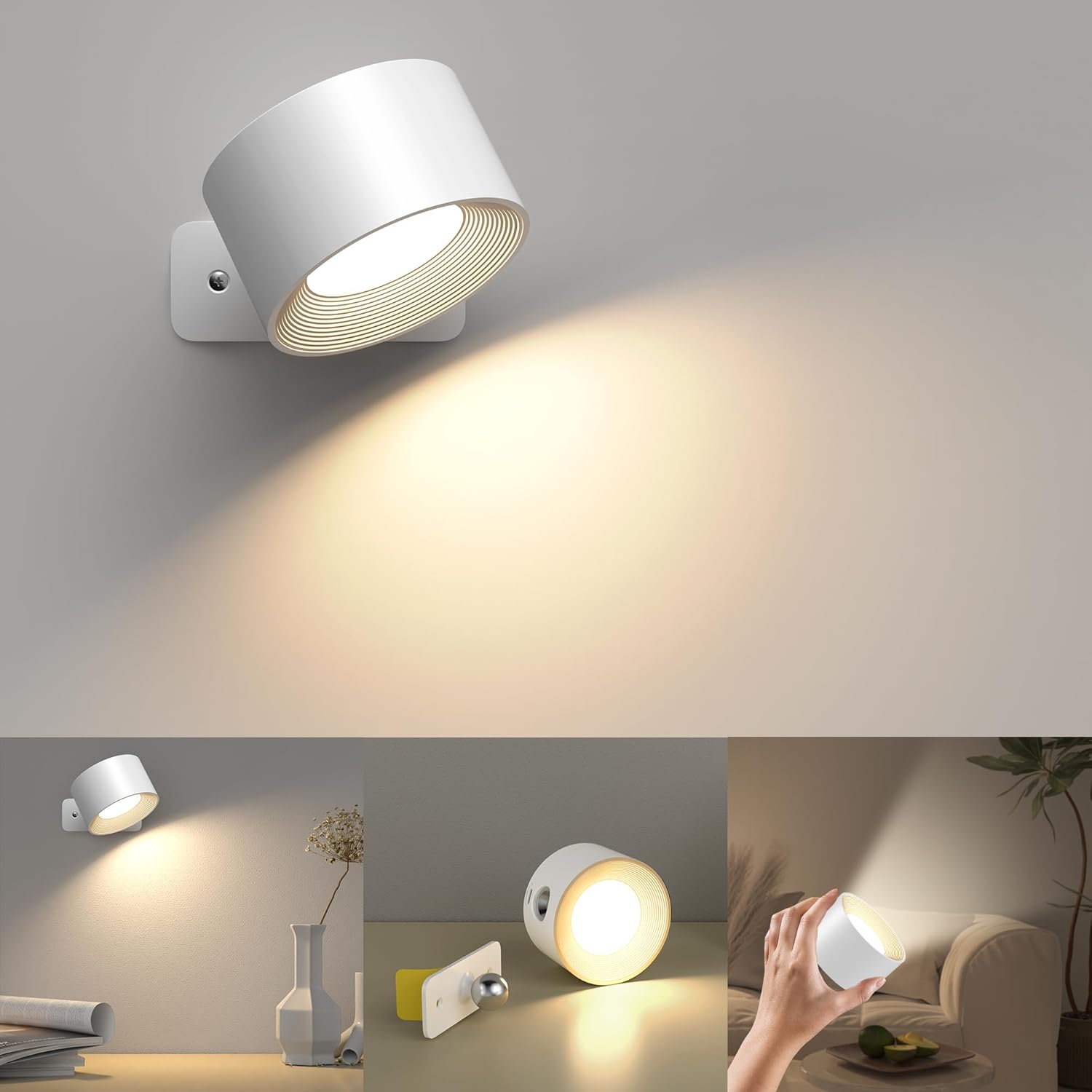 Dotykowa lampa ścienna LED do wnętrz (1 sztuka), 3 poziomy jasności, 3 temperatury barwowe, obrót o 360°, kolor biały.