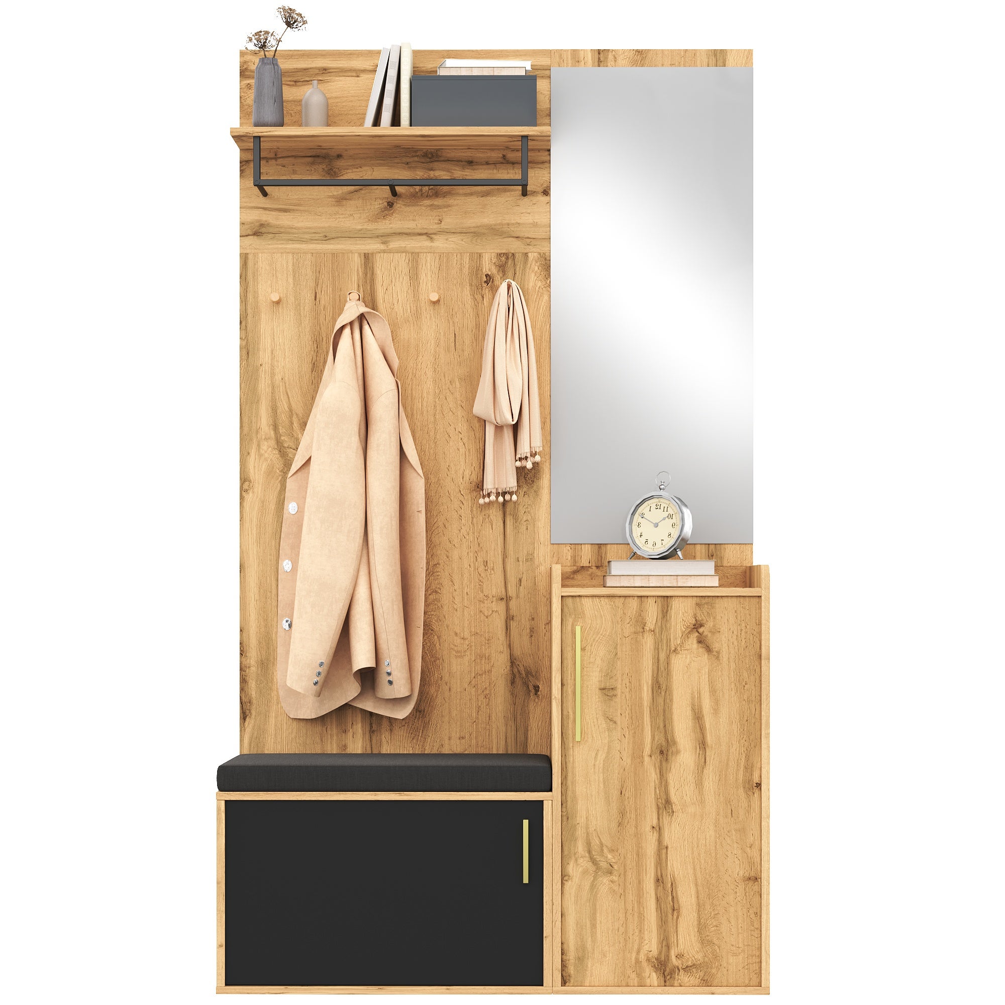 Szafka na buty z lustrem, ławką, poduszką, 2 drzwiami i garderobą - 110 x 38 x 185 cm - Płyta wiórowa - Kolor czarny i naturalny