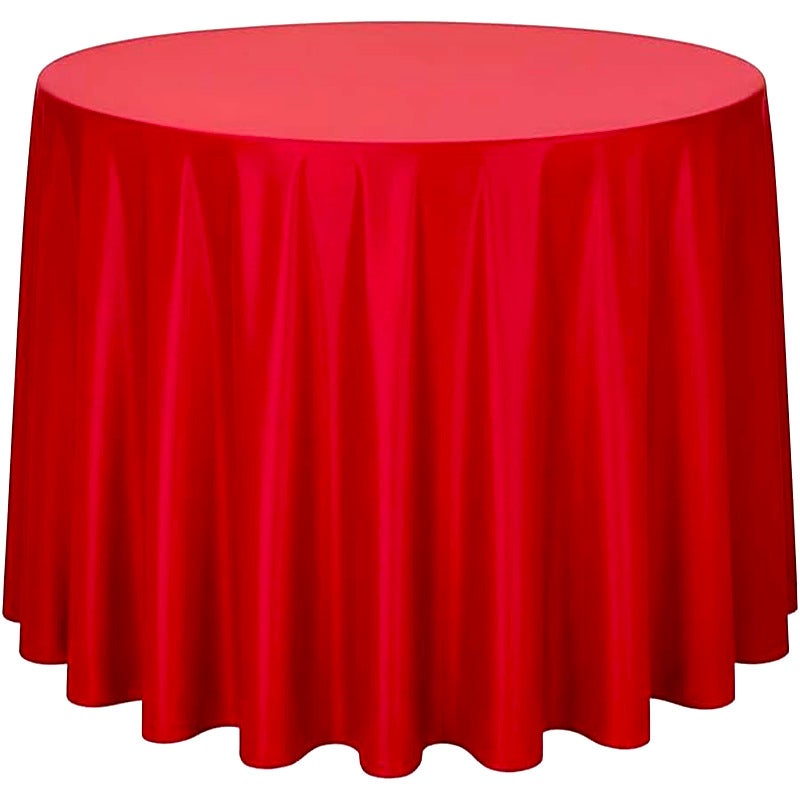 Ten okrągły obrus o jedwabistej fakturze idealnie nadaje się do restauracji, na wesela i wszelkiego rodzaju przyjęcia. Czerwony, średnica 275 cm.
