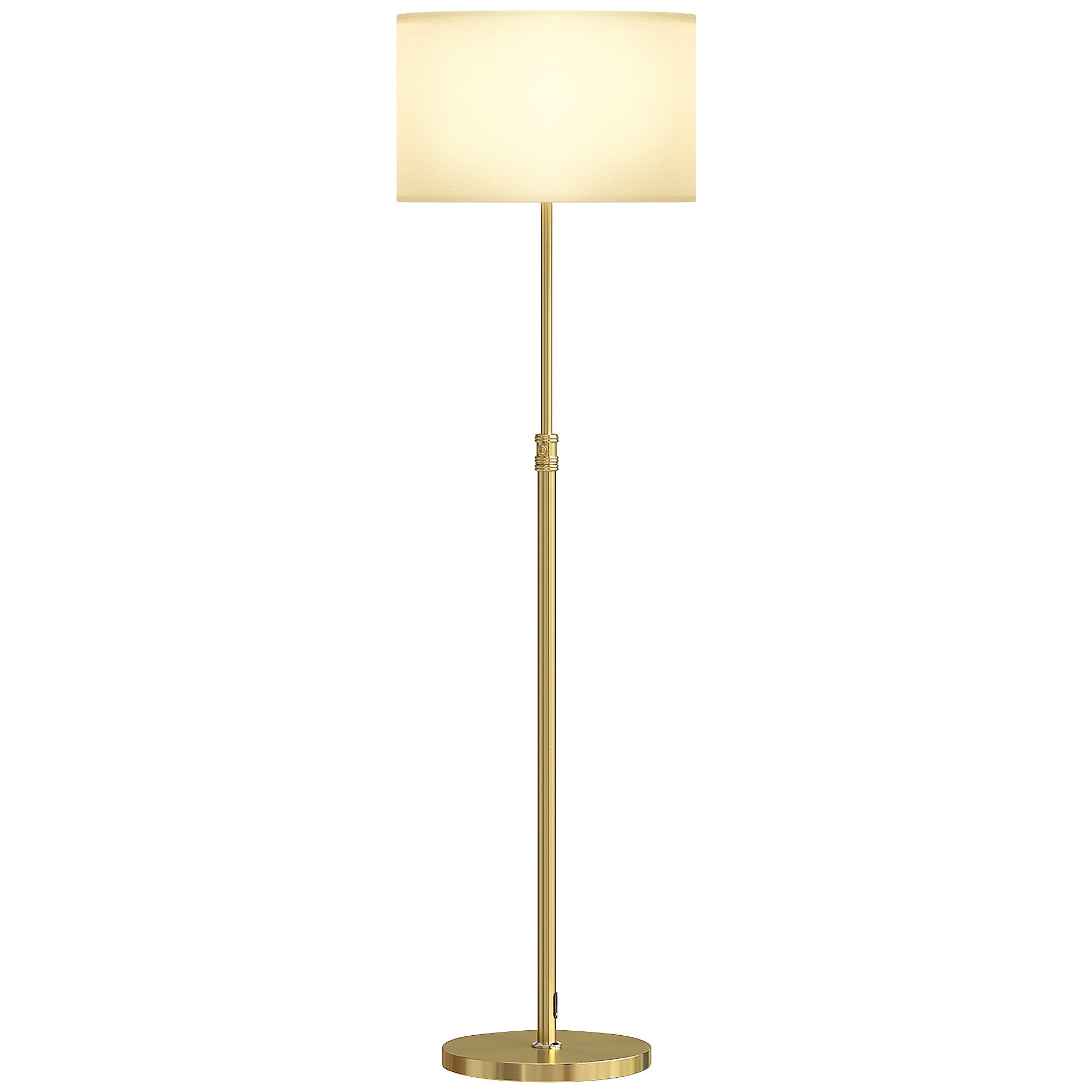 Lampa podłogowa z pilotem, regulowana wysokość, klosz z tkaniny, metalowa podstawa, regulowana jasność, przełącznik nożny, kolor złoty