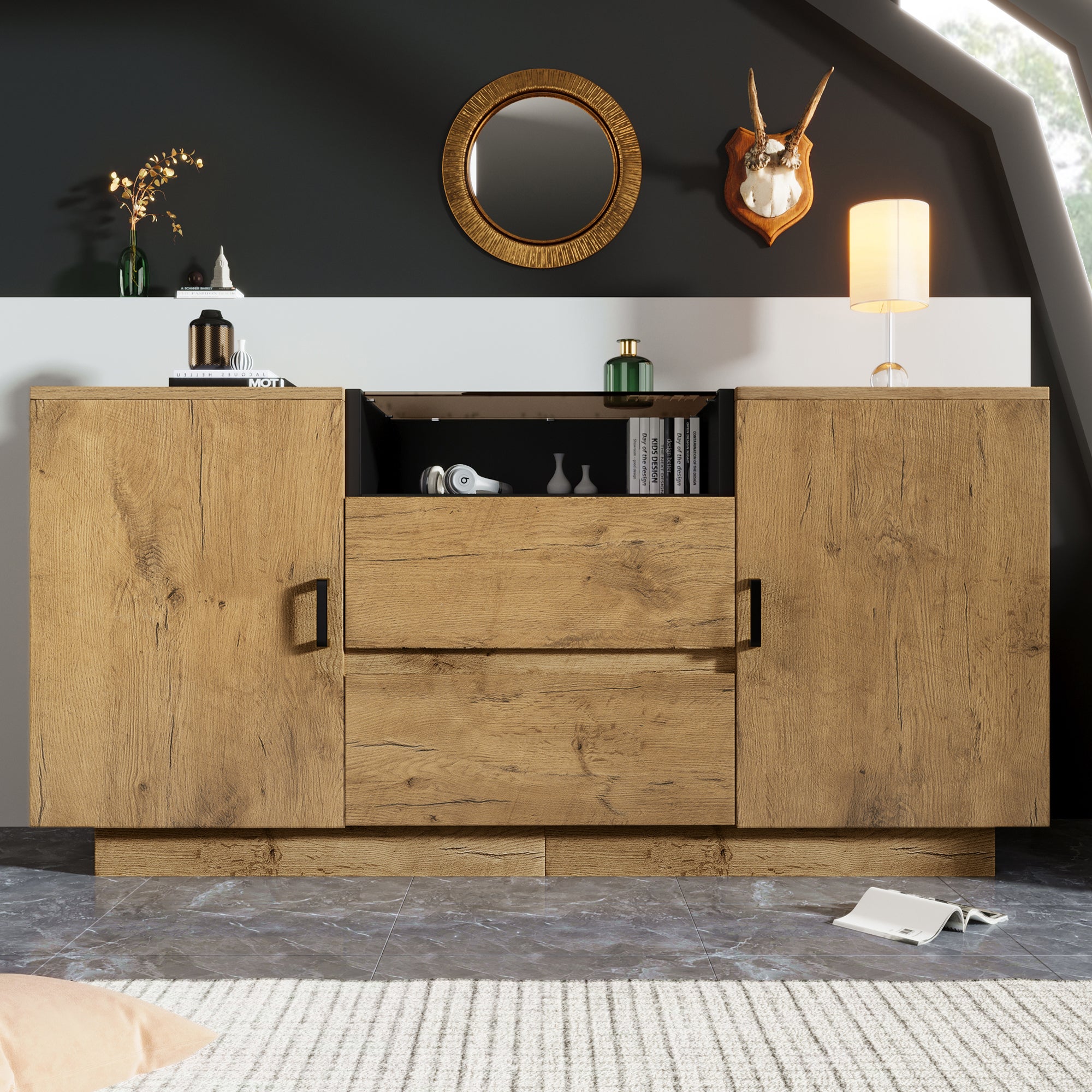 Komoda w kolorze dębu 140x40x70cm - z 2 drzwiami i 2 szufladami - otwarte przegródki - Naturalna