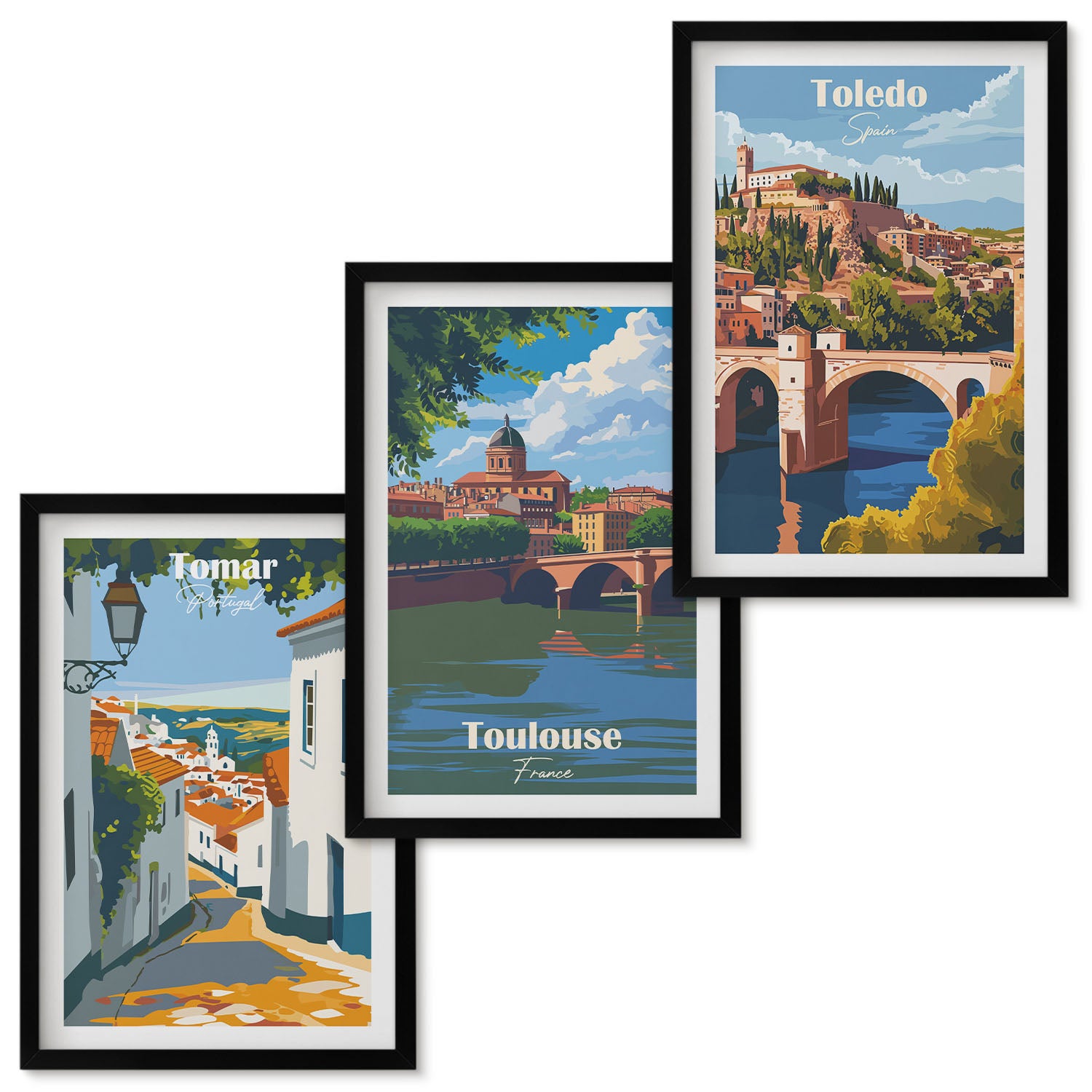 Zestaw obrazów w ramie - 3 części | Grafiki znanych miast w stylu retro | Czarna ramka