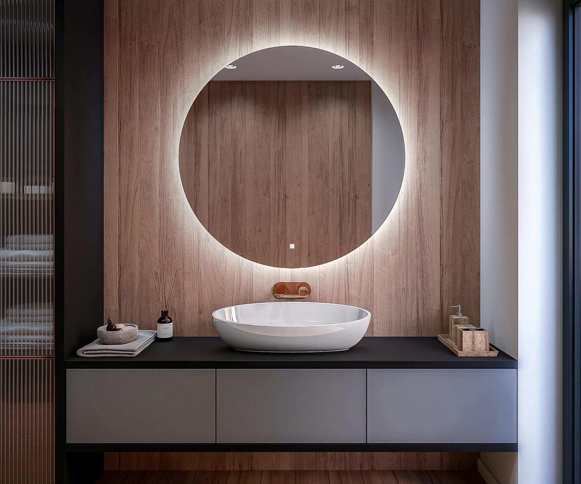 Lustro z podświetleniem LED do łazienki (65x65 cm) Lustro z podświetleniem LED (TAO110) Przełącznik dotykowy