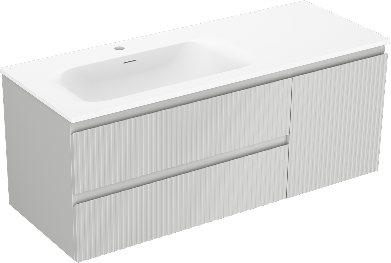 Mexen Rivel szafka łazienkowa 120 cm z umywalką Vela lewą, 2S, 1D, ryflowana, szara mat/biała mat - 91A23-12047-3-BBFFF62-W23L01