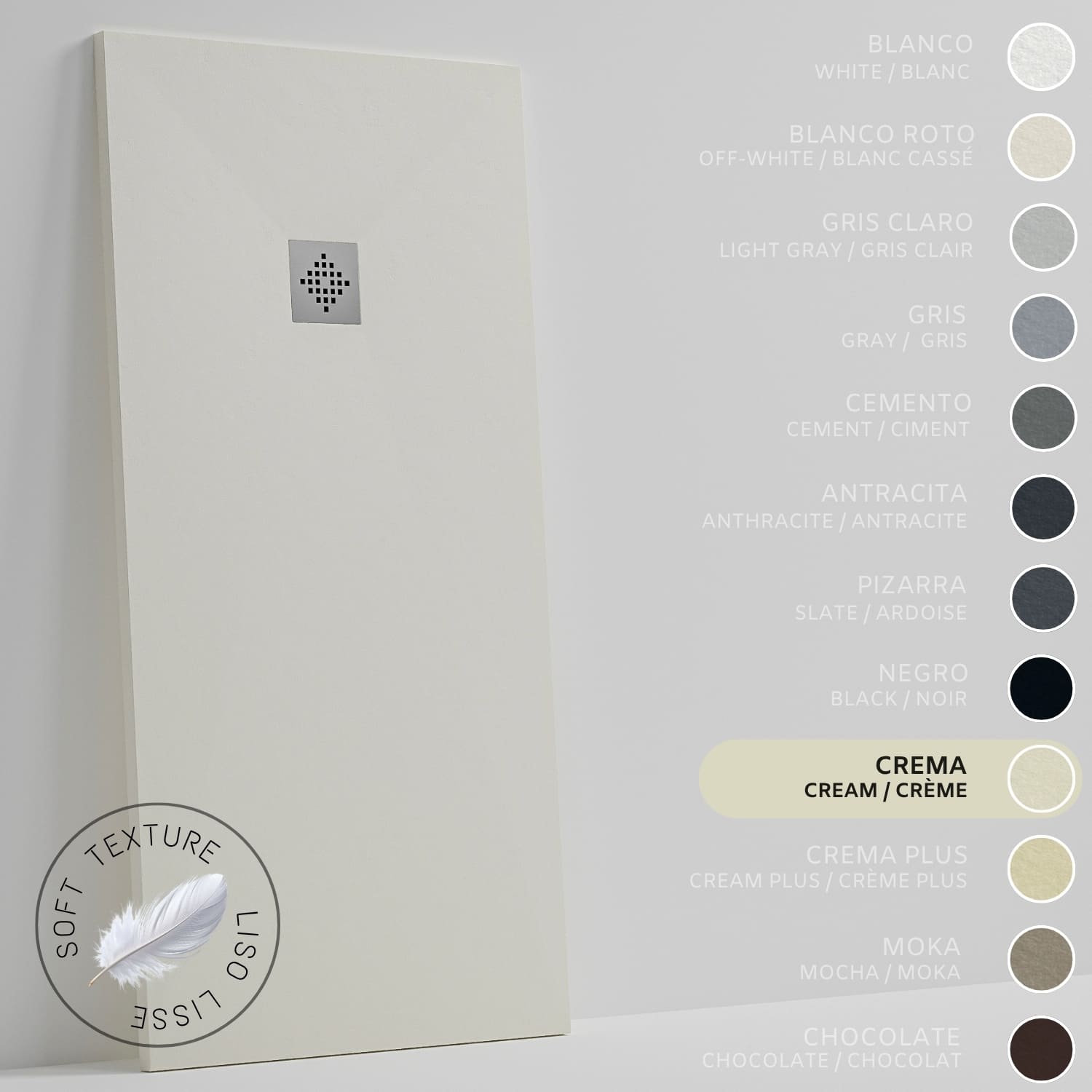 SOULHOME Brodzik prysznicowy– Żywica– Gel Coat– Gładki Jedwab tekstura – Antypoślizgowy – Kolor kremowy – 75x75- Niski 3 cm– Standard