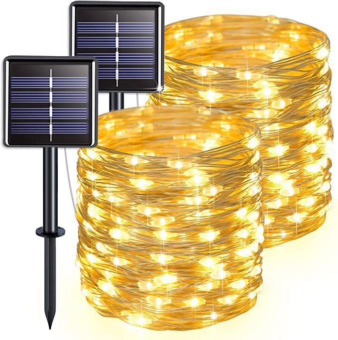 Lampki solarne – 2 zewnętrzne lampki choinkowe, drut miedziany, wodoodporne, 42 metry na lampkę, 400 diod LED (ciepłe światło)