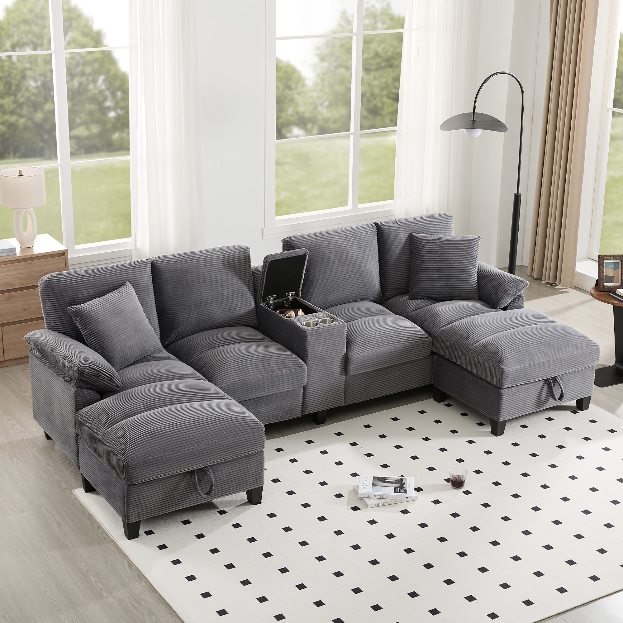 Sofa w kształcie litery U, 4-osobowa, z miejscem do przechowywania, uchwytami na kubki i portami USB – 293 x 142 x 93 cm – tkanina sztruksowa – szara