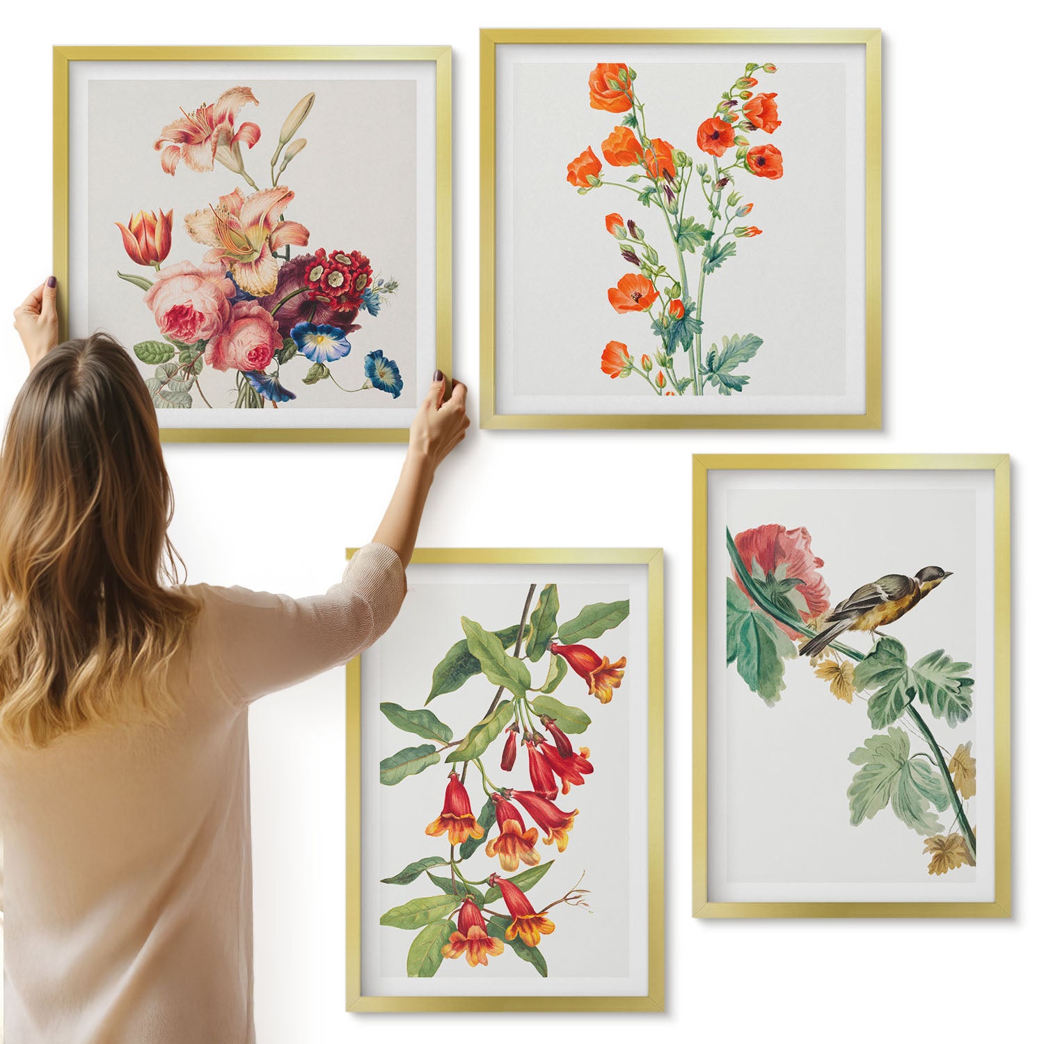 Galeria ścienna 4-częściowy komplet obrazów w złotych ramach - Malowane kwiaty retro i ptak na gałęzi - ArtPrintCave