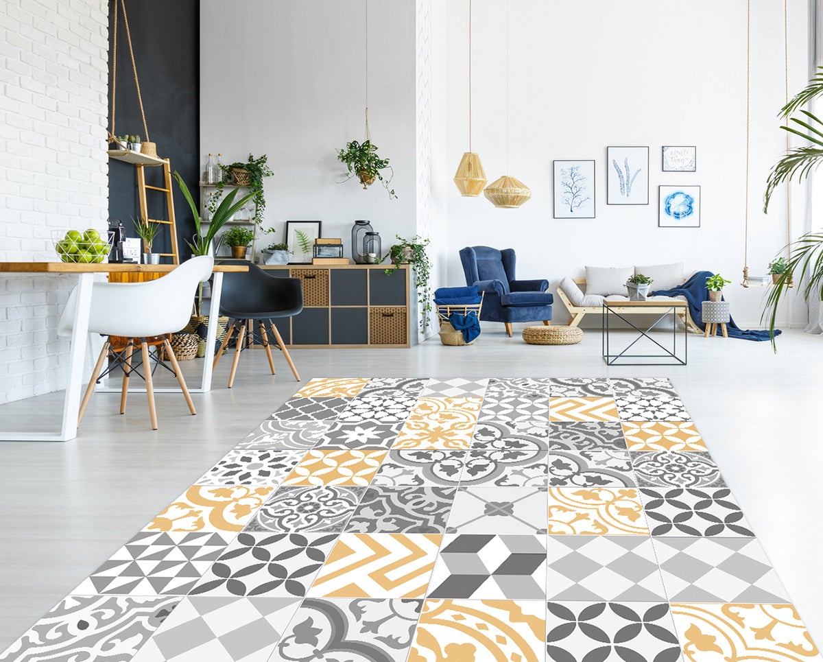 Kolażowy dywan winylowy z żółtym 133x200 cm - antypoślizgowy PVC, winylowy do kuchni lub salonu, zmywalny, wodoodporny, wodoodporny styl
