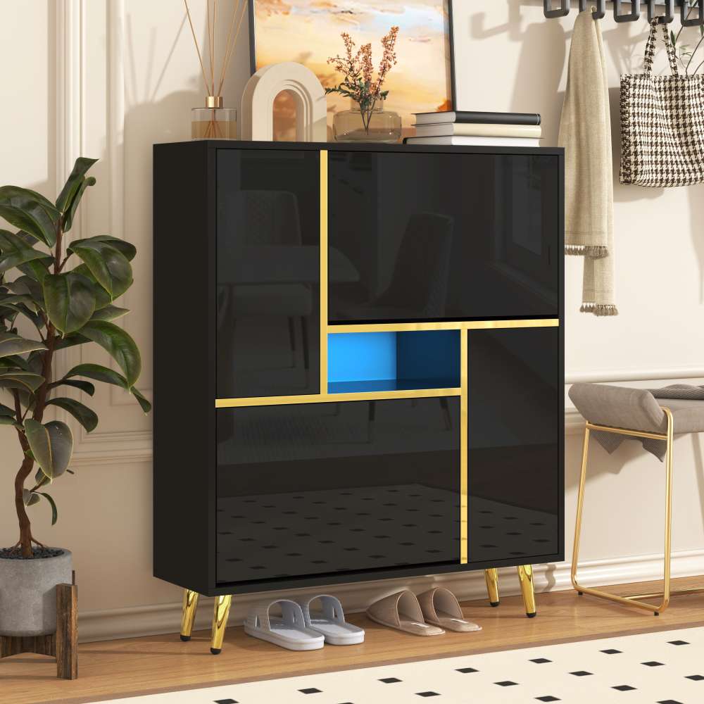 Nowoczesna szafka na buty z 16-kolorowym oświetleniem LED, frontem o wysokim połysku i modułową półką na buty (80x25x96 cm)