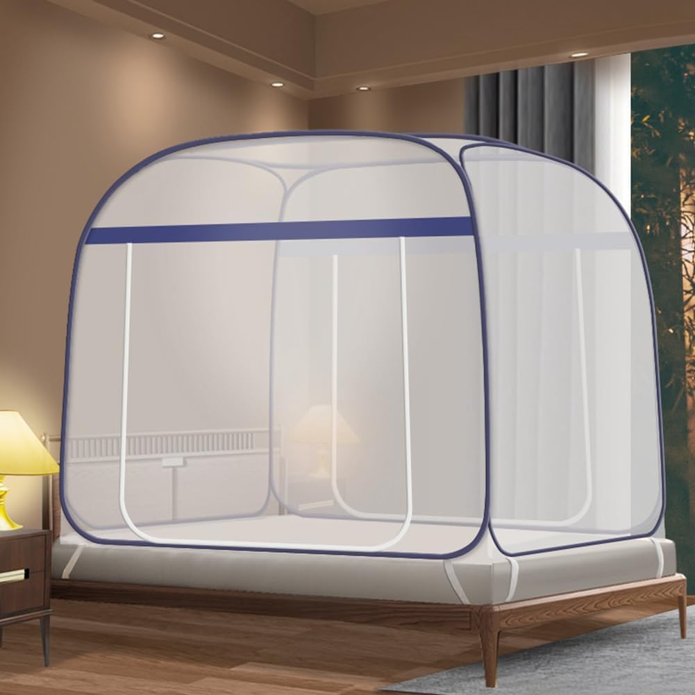 Moskitiera chowana z dnem do łóżek typu king size, składana moskitiera kempingowa z 2 wejściami na zamek błyskawiczny, szybka instalacja (niebieska)