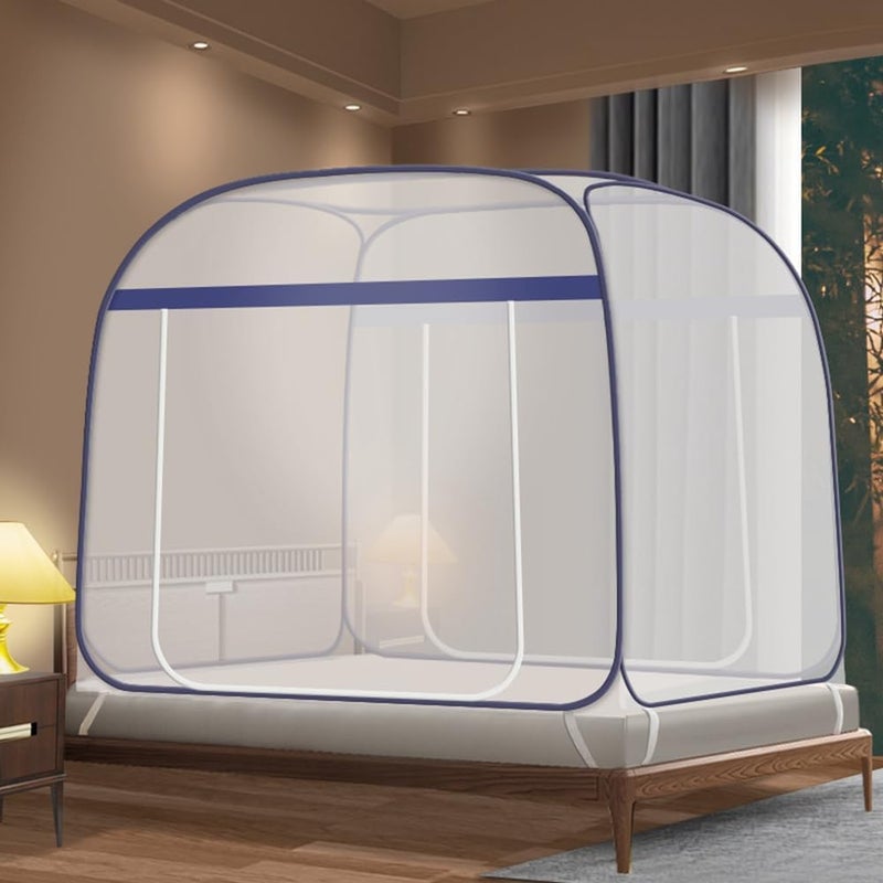 Moskitiera chowana z dnem do łóżek typu king size, składana moskitiera kempingowa z 2 wejściami na zamek błyskawiczny, szybka instalacja (niebieska)