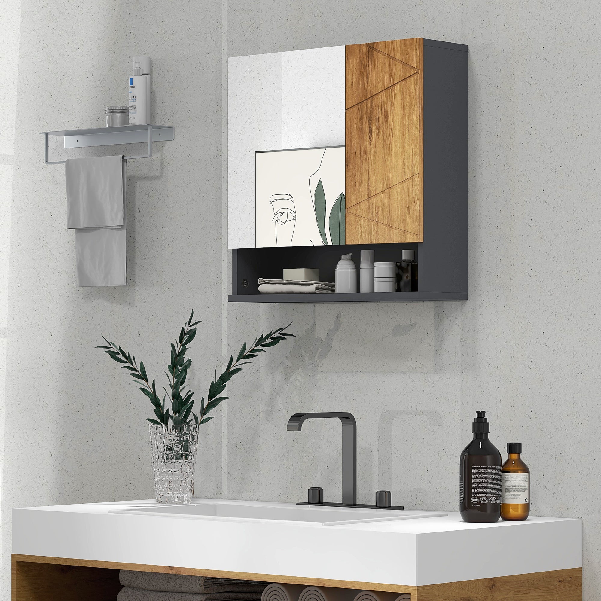 Szafka łazienkowa z lustrem, szafka 2-drzwiowa, 55 x 17 x 55 cm, kolor naturalny ciemnoszary