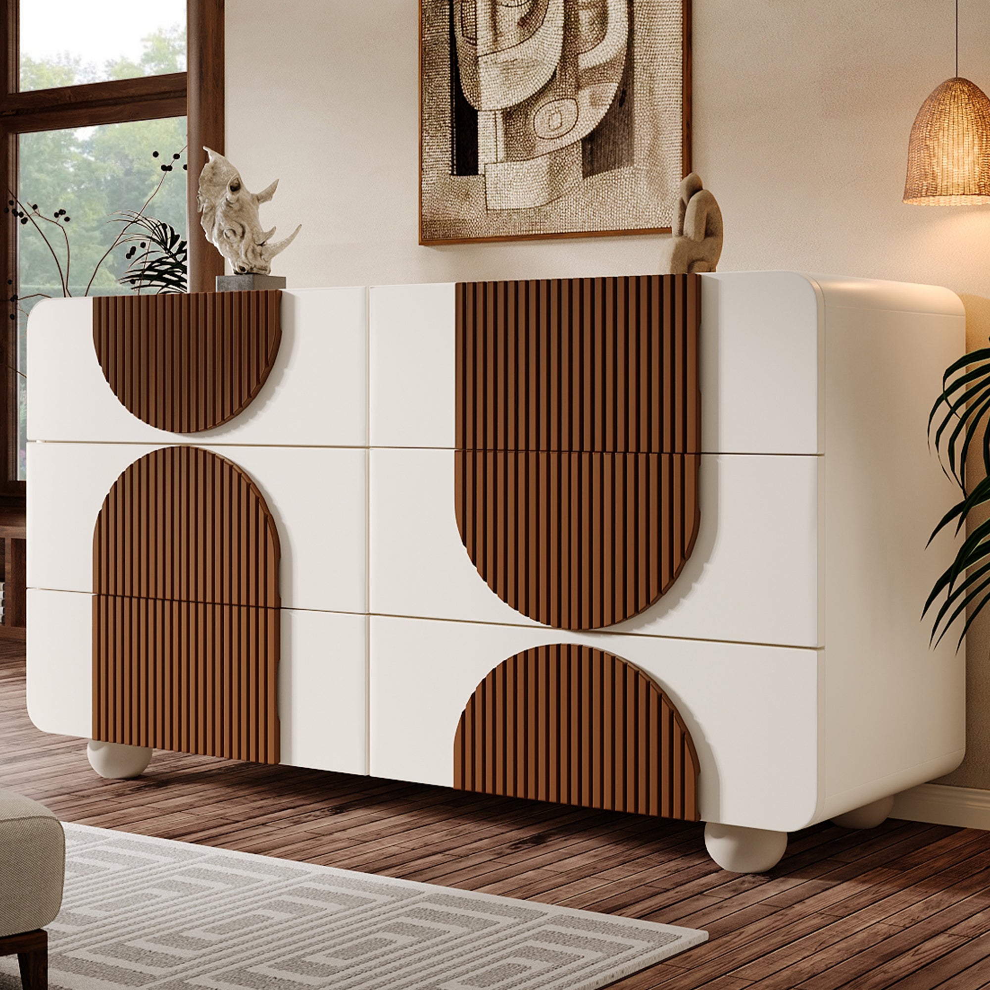 Nowoczesna komoda 121x41x71cm - z 6 cicho wysuwanymi szufladami - geometryczny wzór - z drewnianymi listwami w kolorze czekoladowym - Biały + Brąz