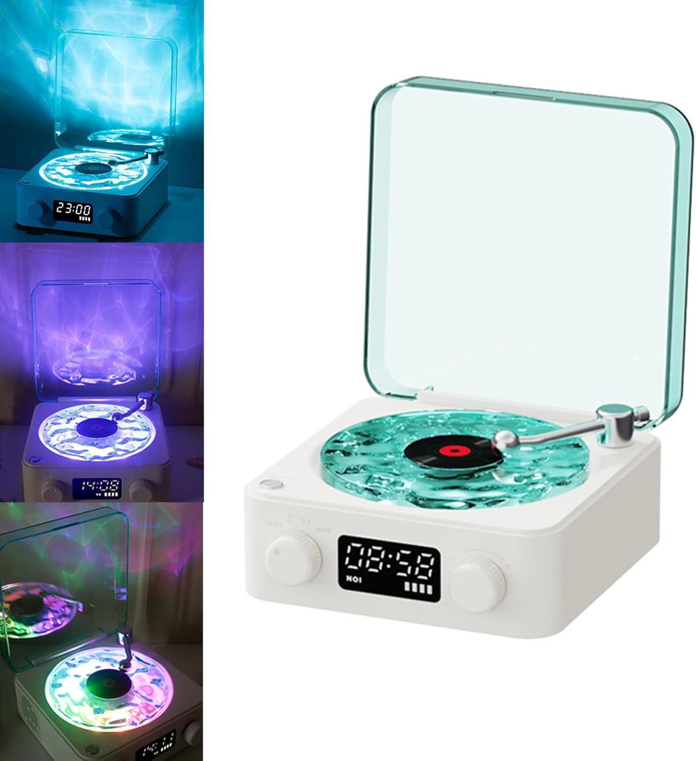 Płyta winylowa, zegar z odtwarzaczem, głośnik Bluetooth, przenośny głośnik retro w stylu winylowym, regulowane światło i czas, biały