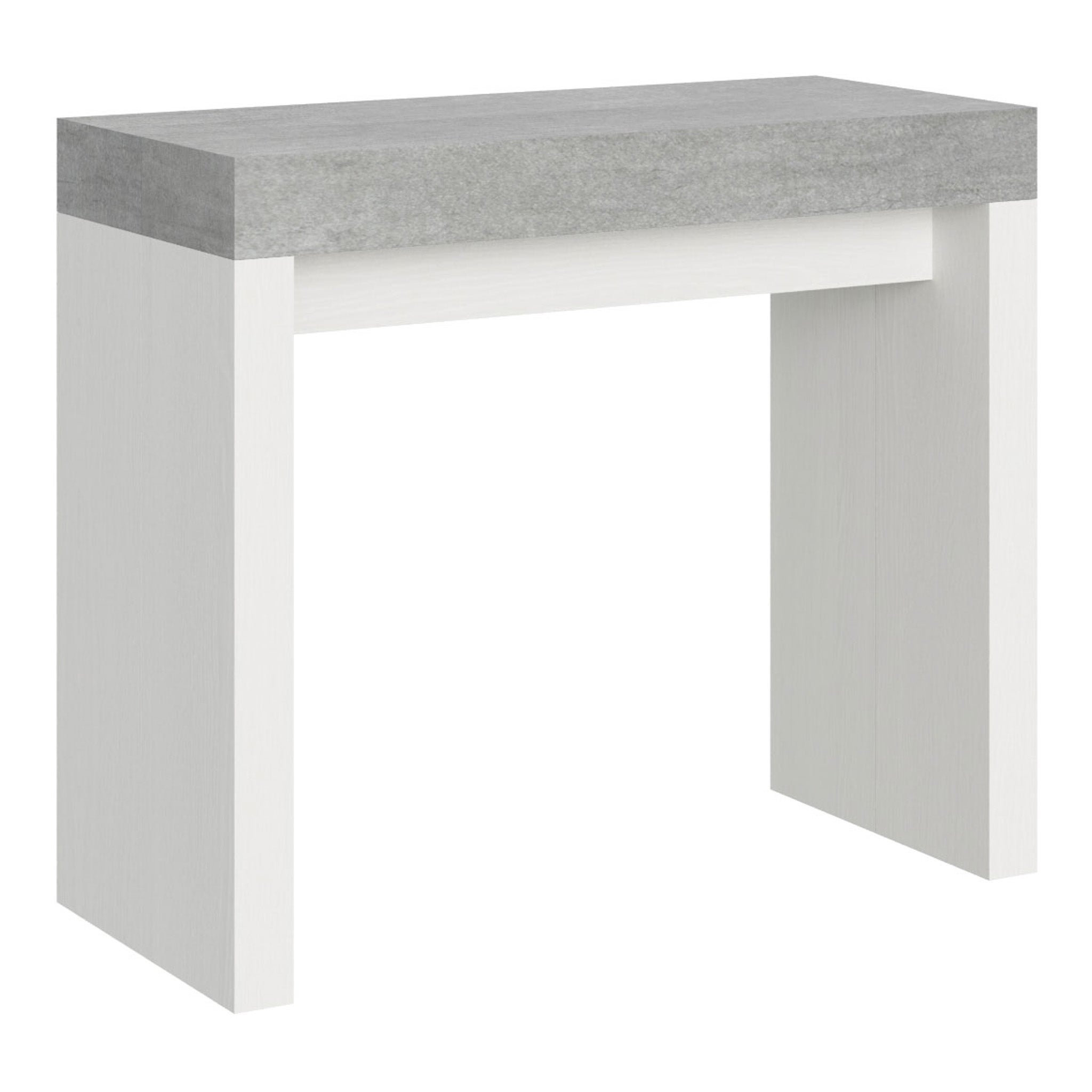 Mesa consola pequeña Roxell Mix con tablero de hormigón y estructura de fresno blanco.