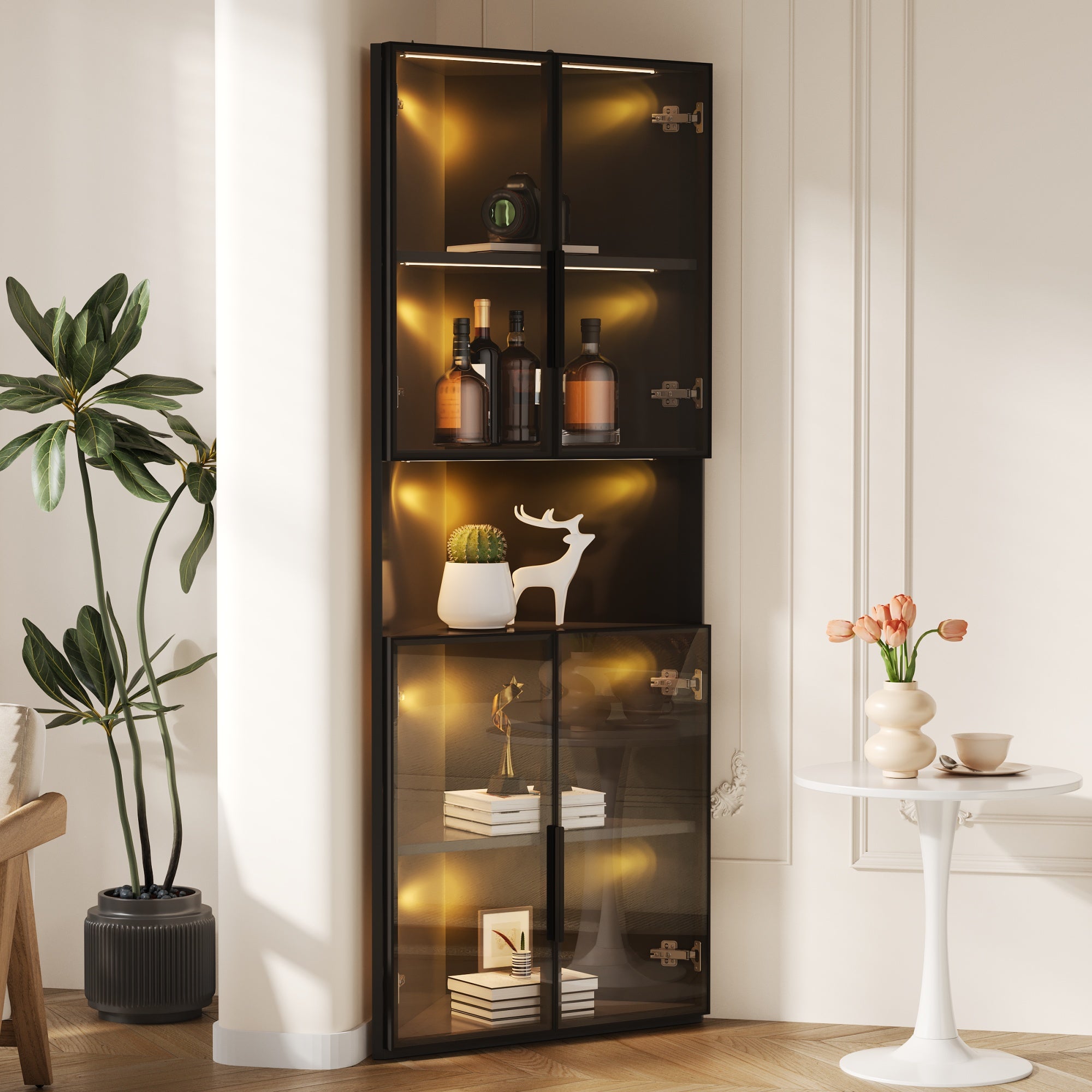 Witryna narożna trójkątna z oświetleniem LED i 4 drzwiami - MDF i szkło hartowane + MDF - 62 x 32 x 160 cm - Czarny