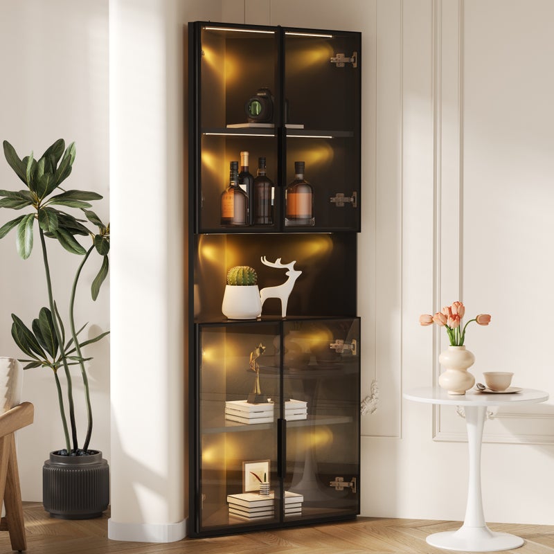 Witryna narożna trójkątna z oświetleniem LED i 4 drzwiami - MDF i szkło hartowane + MDF - 62 x 32 x 160 cm - Czarny