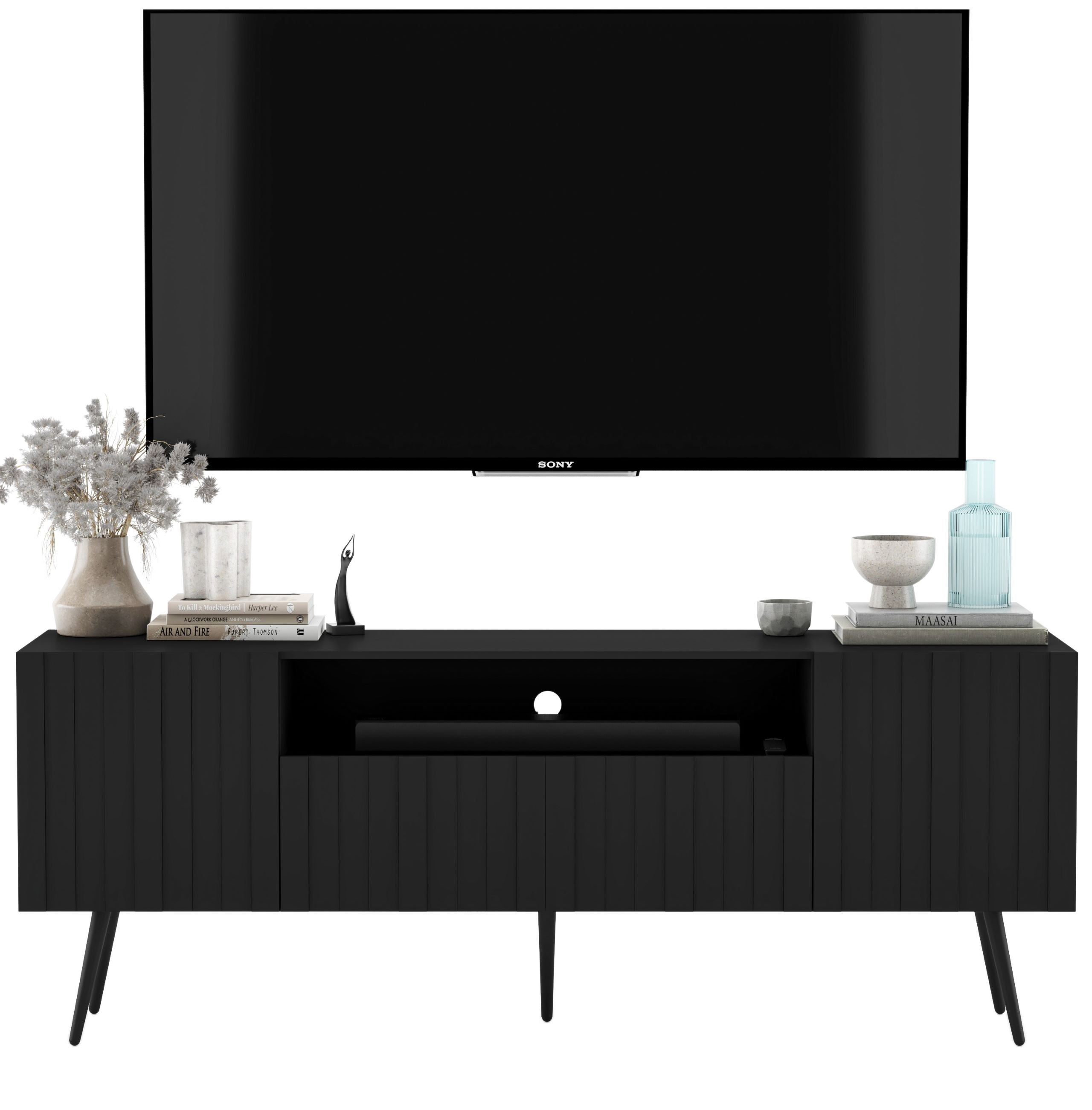 Nowoczesna szafka RTV Glamour 150 cm czarny mat, komoda pod telewizor z ryflowanymi frontami