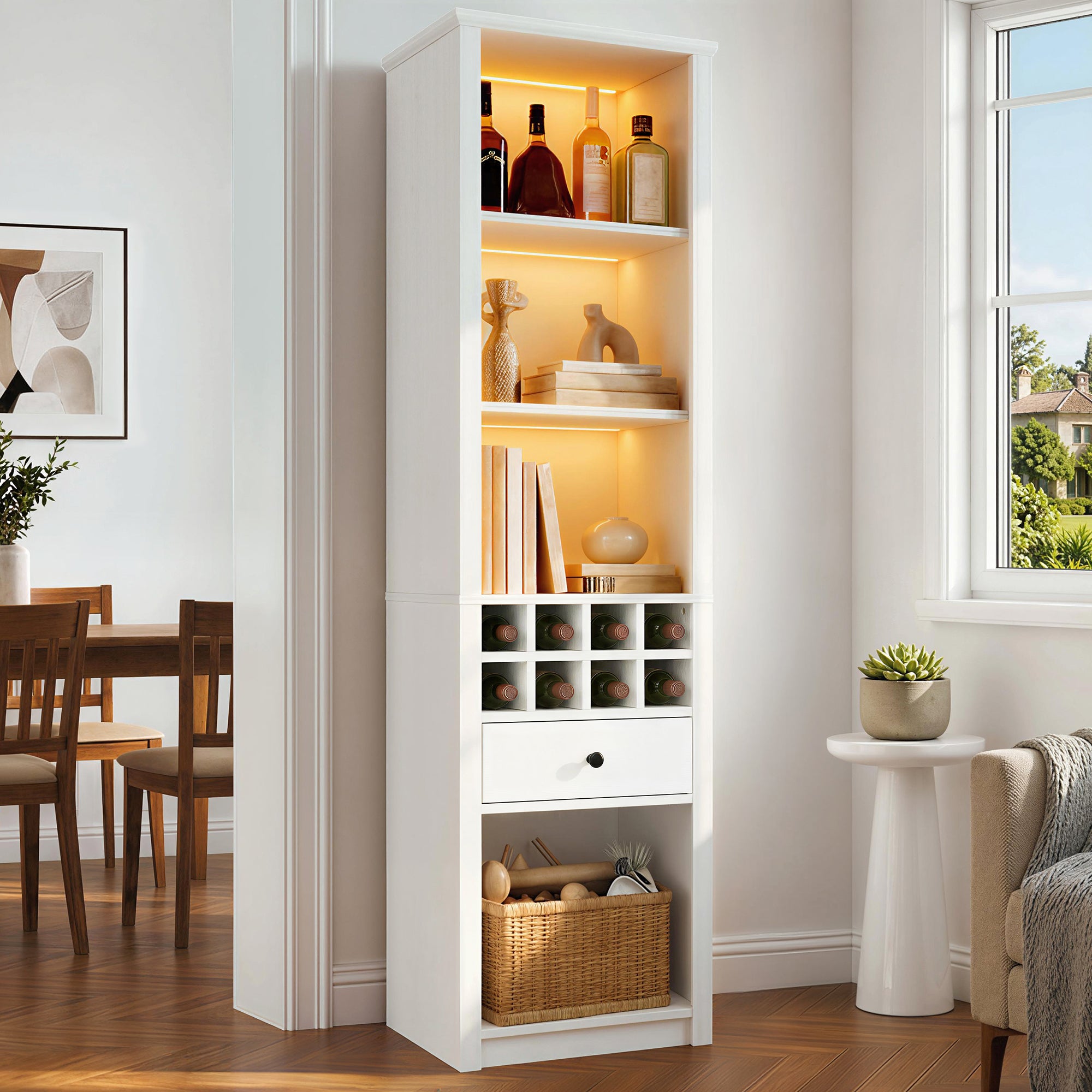 Otwarta witryna LED z regałem na 8 butelek wina, 1 szufladą i 12 przegródkami - MDF - 55 × 40 × 200 cm - biała