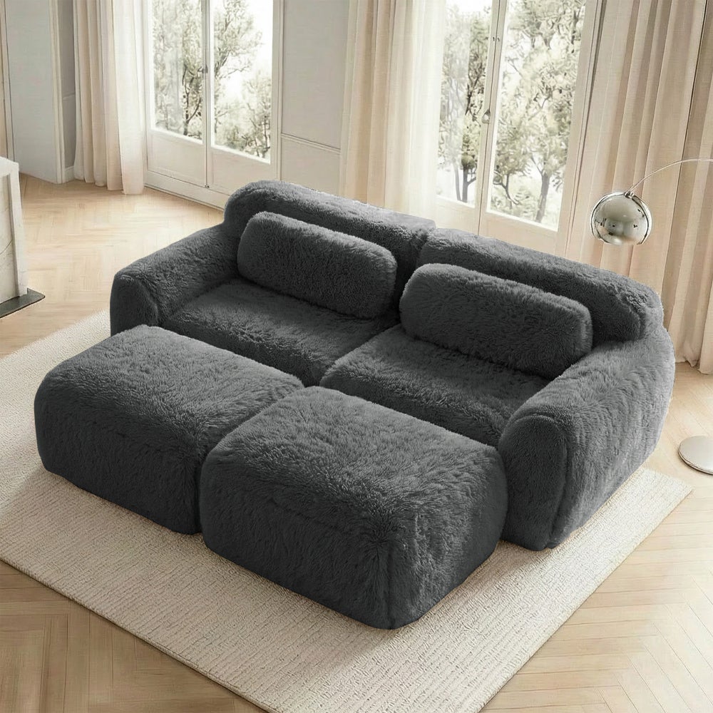 Modułowa sofa 2-osobowa z 2 pufami, miękka pluszowa tkanina, pianka 32D, nie wymaga montażu, wygodna