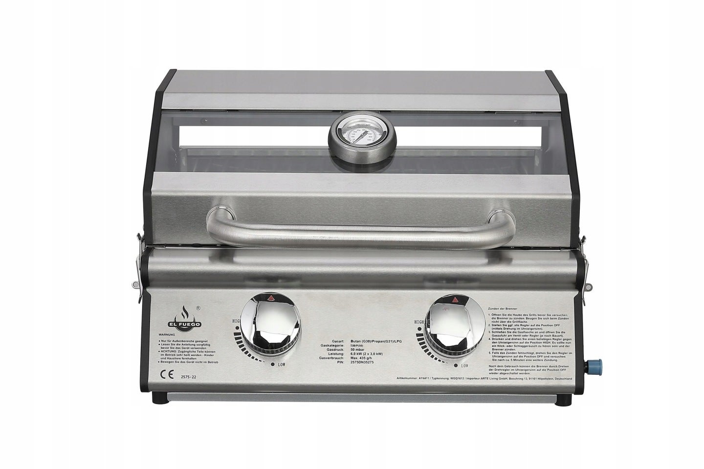 STOŁOWY GRILL GAZOWY TURYSTYCZNY EL FUEGO JESOLO Z SZYBĄ 6KW STAL +REDUKTOR