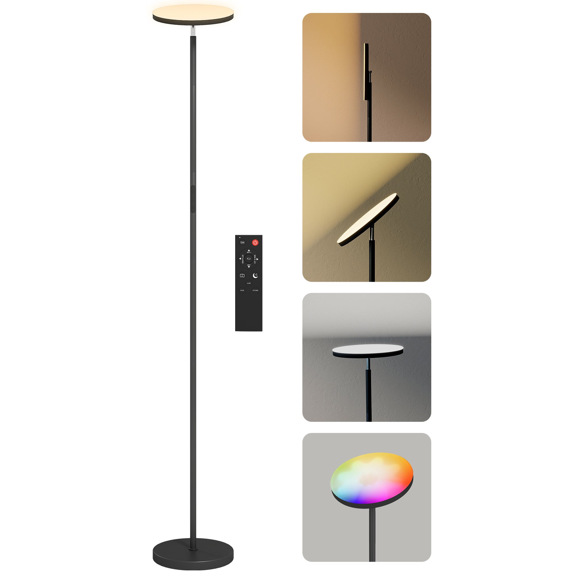 Lampa podłogowa RGB z oświetleniem pośrednim, ściemnialna, sterowana pilotem i dotykiem, głowica obrotowa 350°, czarna