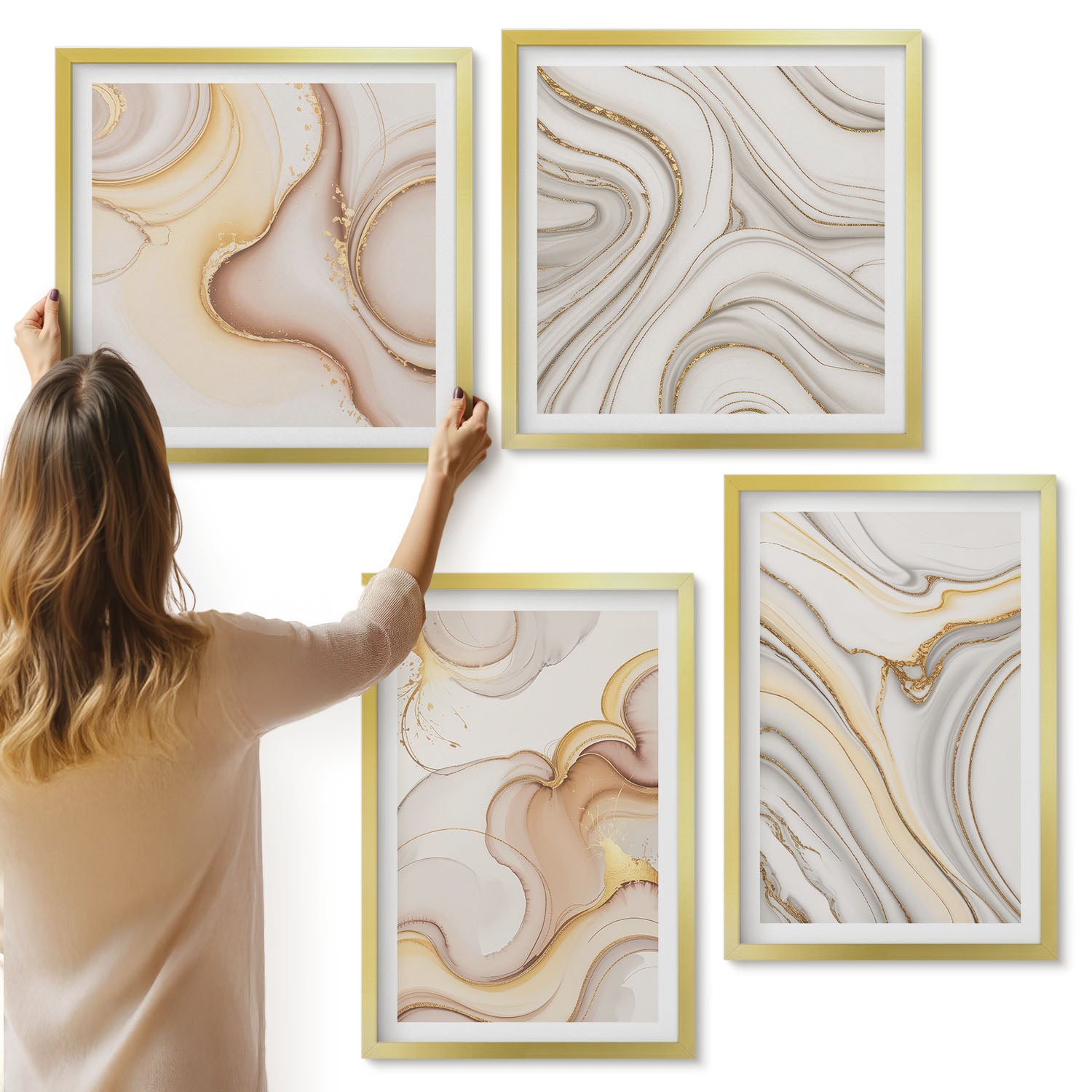 Galeria ścienna 4-częściowy komplet obrazów w złotych ramach - Linearne abstrakcyjne motywy stylowa dekoracja - ArtPrintCave
