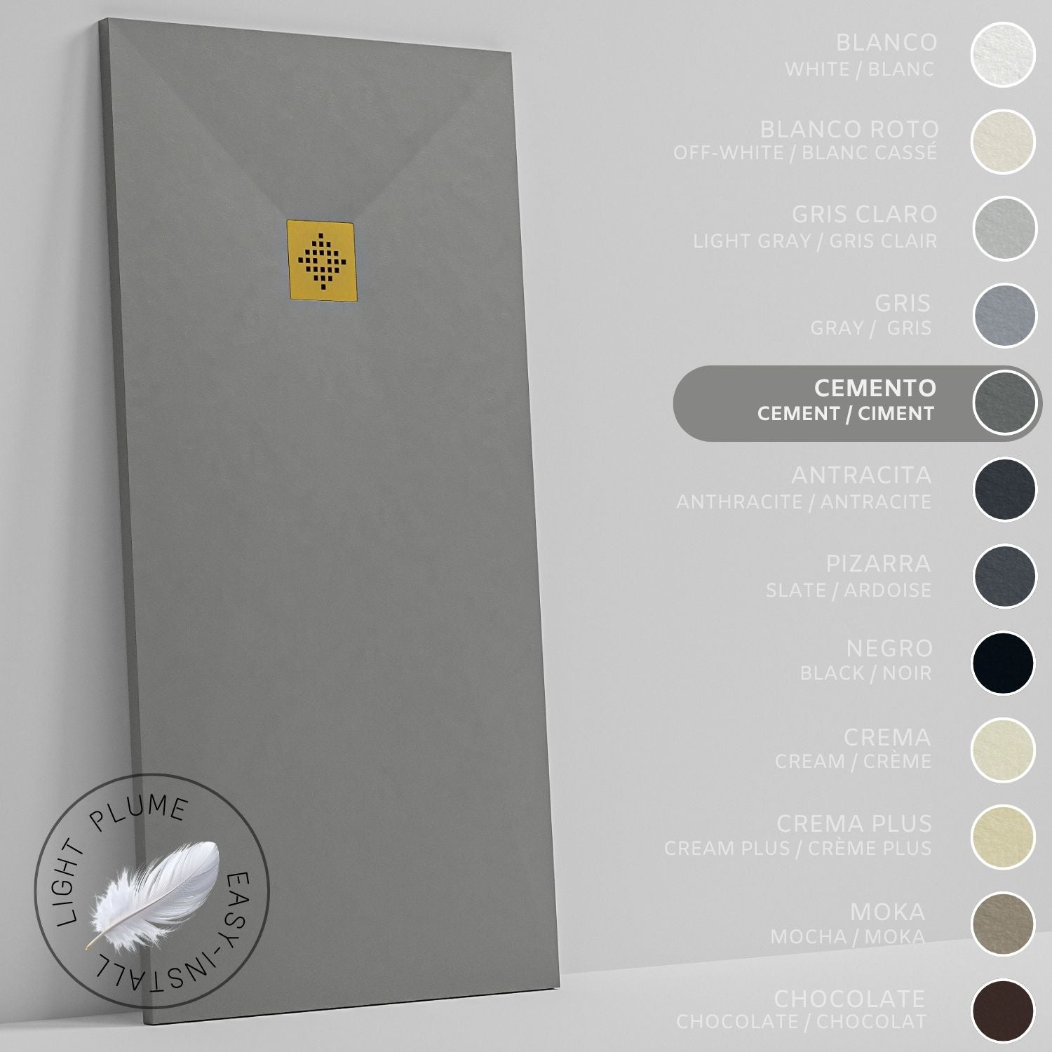 SOULHOME Lekki Brodzik z Żywicy tekstura Łupka cementowoszary – 90x80- cm Ultra-płaski Zawiera Syfon i Kratkę Gold