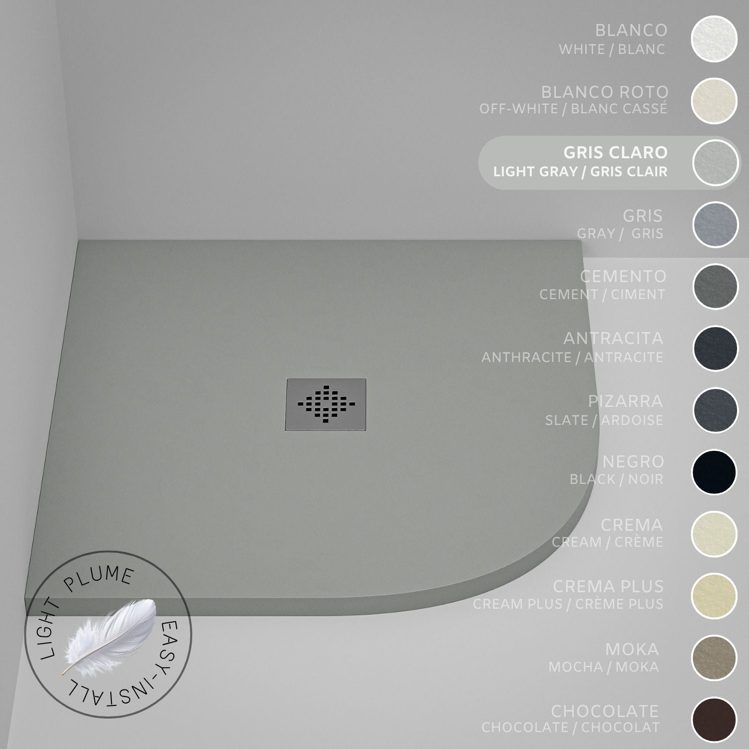 Półokrągły lekki brodzik prysznicowy SOULHOME z żywicy i wypełniaczy mineralnych, antypoślizgowy 90x90 cm Jasnoszary - Kratka Inox
