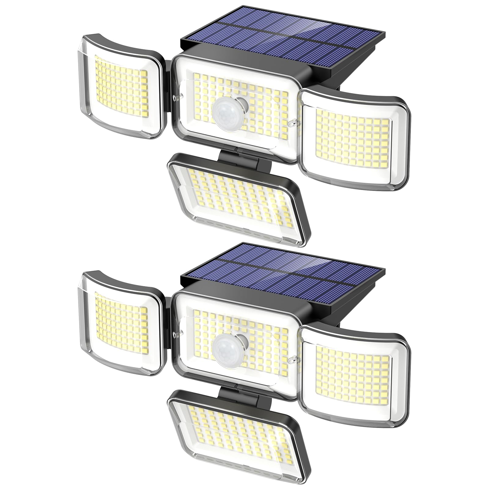 Zestaw 2 lamp ogrodowych solarnych 288 LED z czujnikiem ruchu, 4 regulowanymi głowicami, 3 trybami, wodoodporne IP65, do ogrodu, tarasu, podwórka.