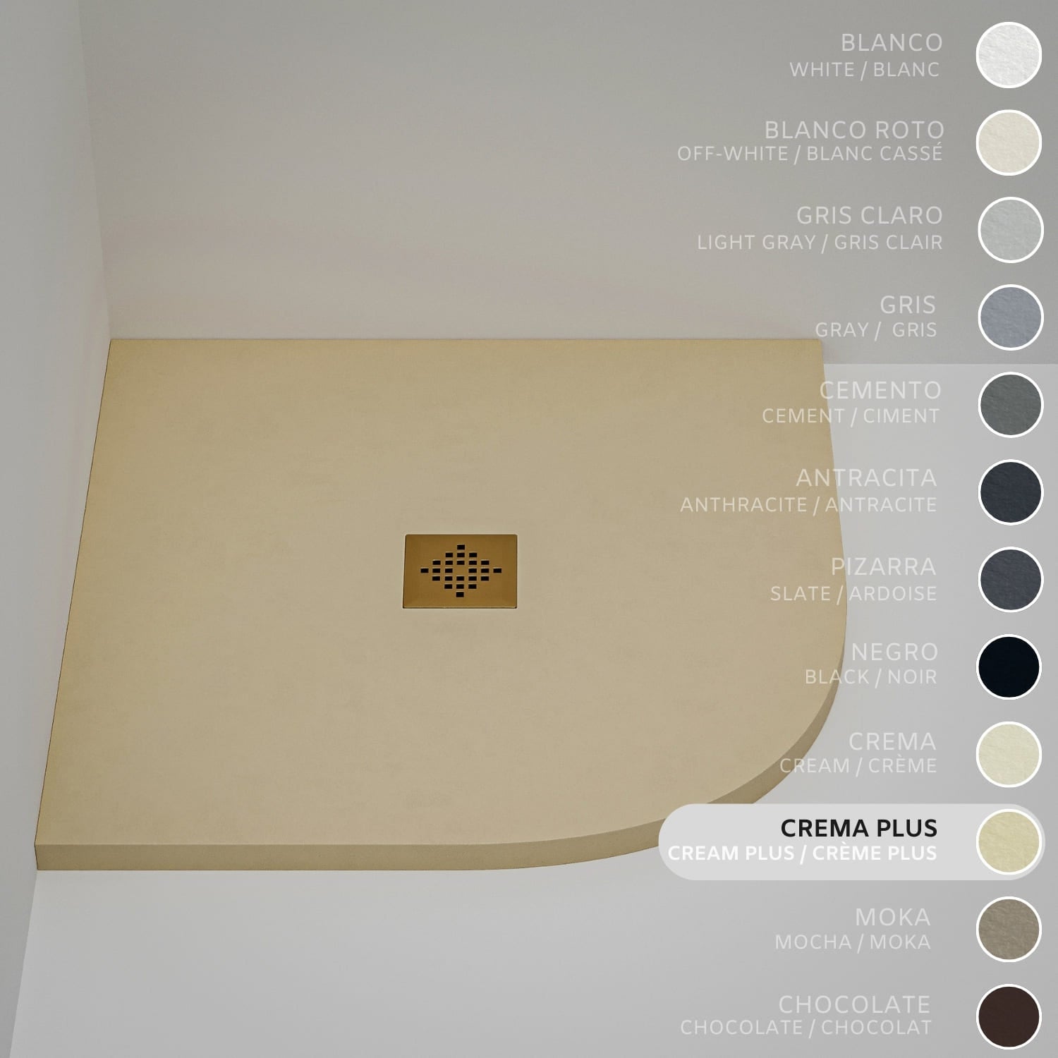 Brodzik półokrągły SOULHOME Żywica i Konglomerat Mineralny Antypoślizgowy 90x90 cm Intensywny Krem - Kratka Gold