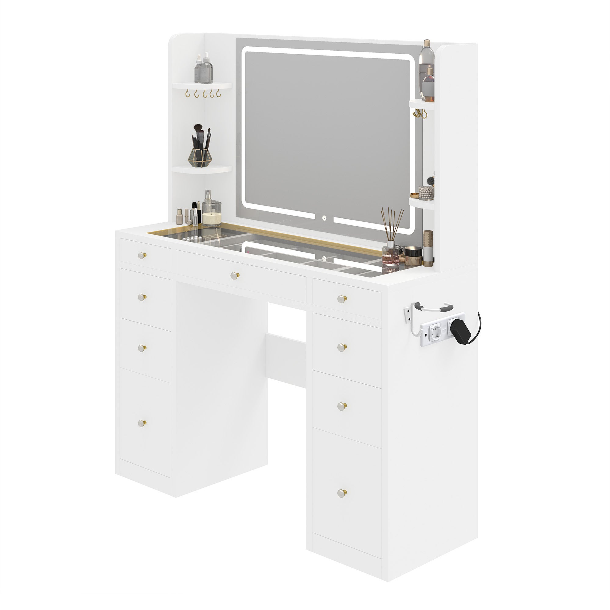 YITAHOME Toaletka Biała 9 Szuflad z Lustrem LED Dotykowym 3 Kolory, Blat ze Szkła Hartowanego, Gniazdo 2AC+2USB – MDF E1 – 110x40x142 cm
