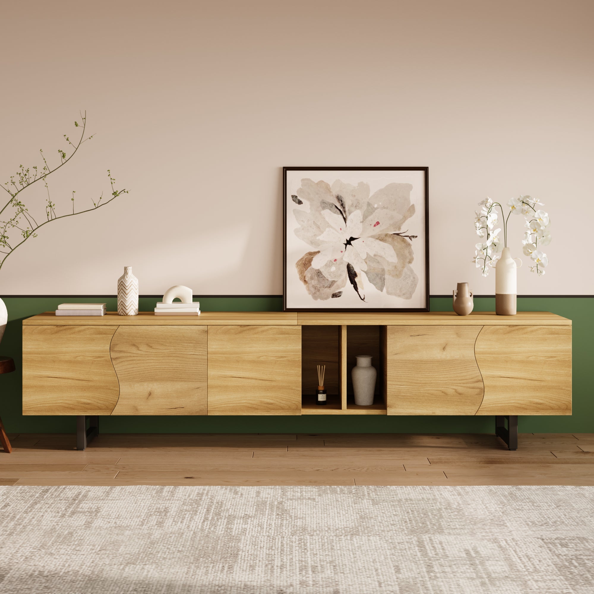 Szafka pod telewizor 191 x 38 x 46,5 cm - 5 drzwi - Żelazna rama - Wykończenie drewniane - MDF + płyta wiórowa - naturalny