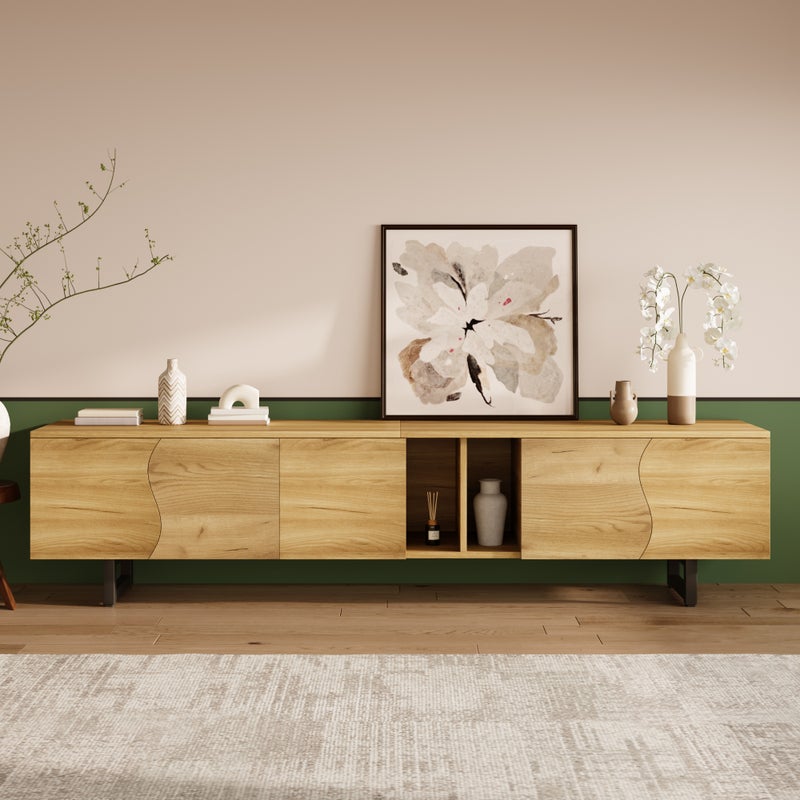 Szafka pod telewizor 191 x 38 x 46,5 cm - 5 drzwi - Żelazna rama - Wykończenie drewniane - MDF + płyta wiórowa - naturalny