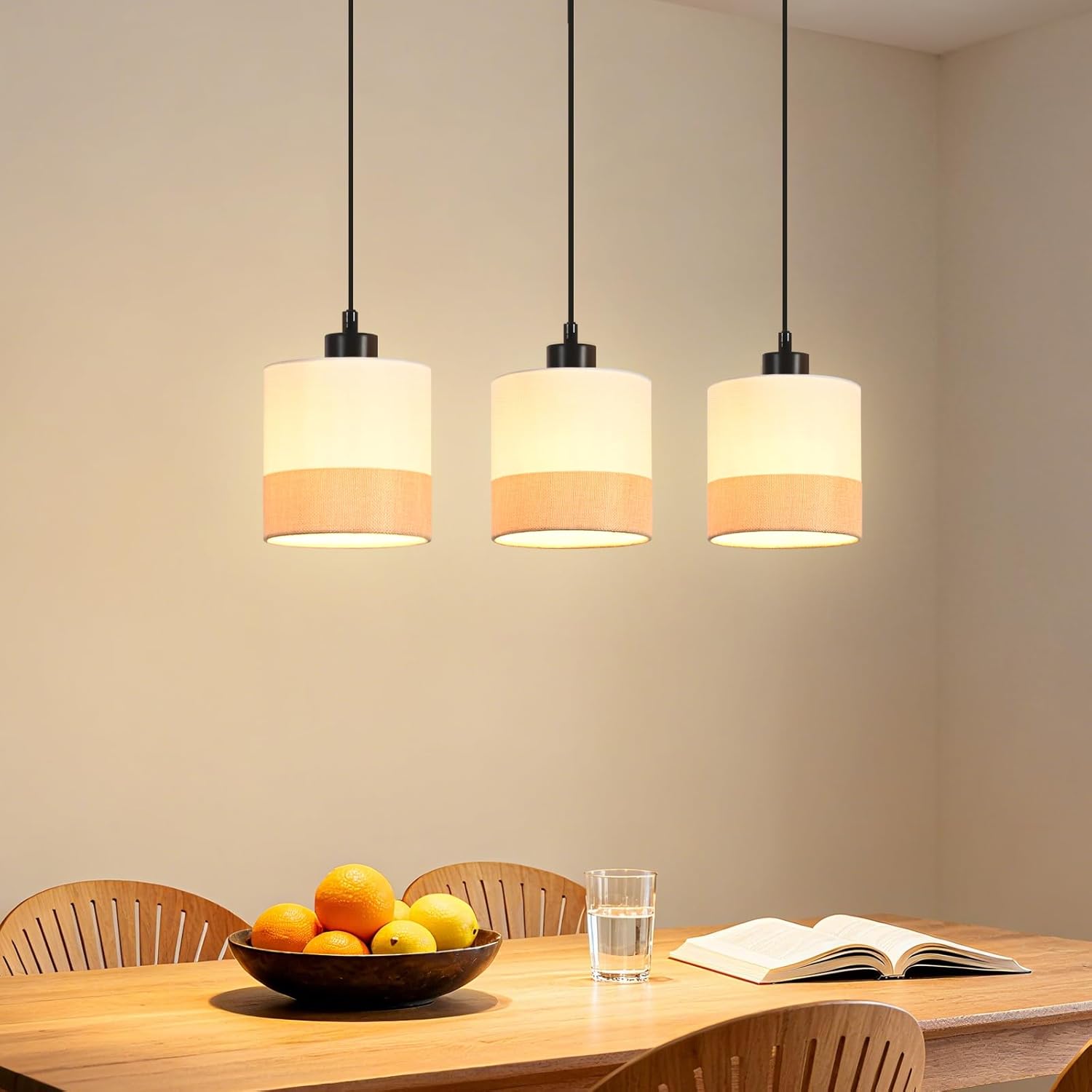 Lampa wisząca Nettlife Vintage do jadalni – 3-punktowa lampa wisząca z tkaniny, regulowana wysokość, retro E27, biała (żarówki nie są dołączone)