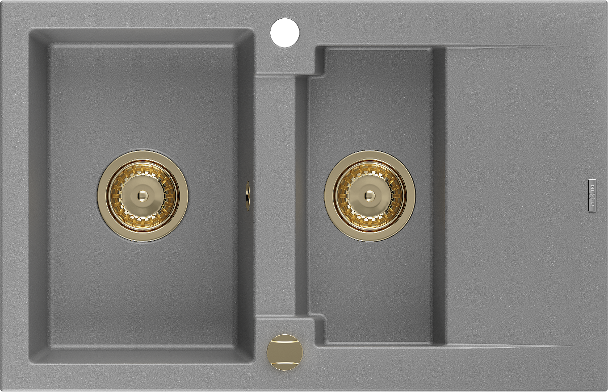 Mexen Gaspar zlewozmywak granitowy 1,5-komorowy z ociekaczem 737 x 475 mm, szary, syfon złoty - 6507731505-71-G