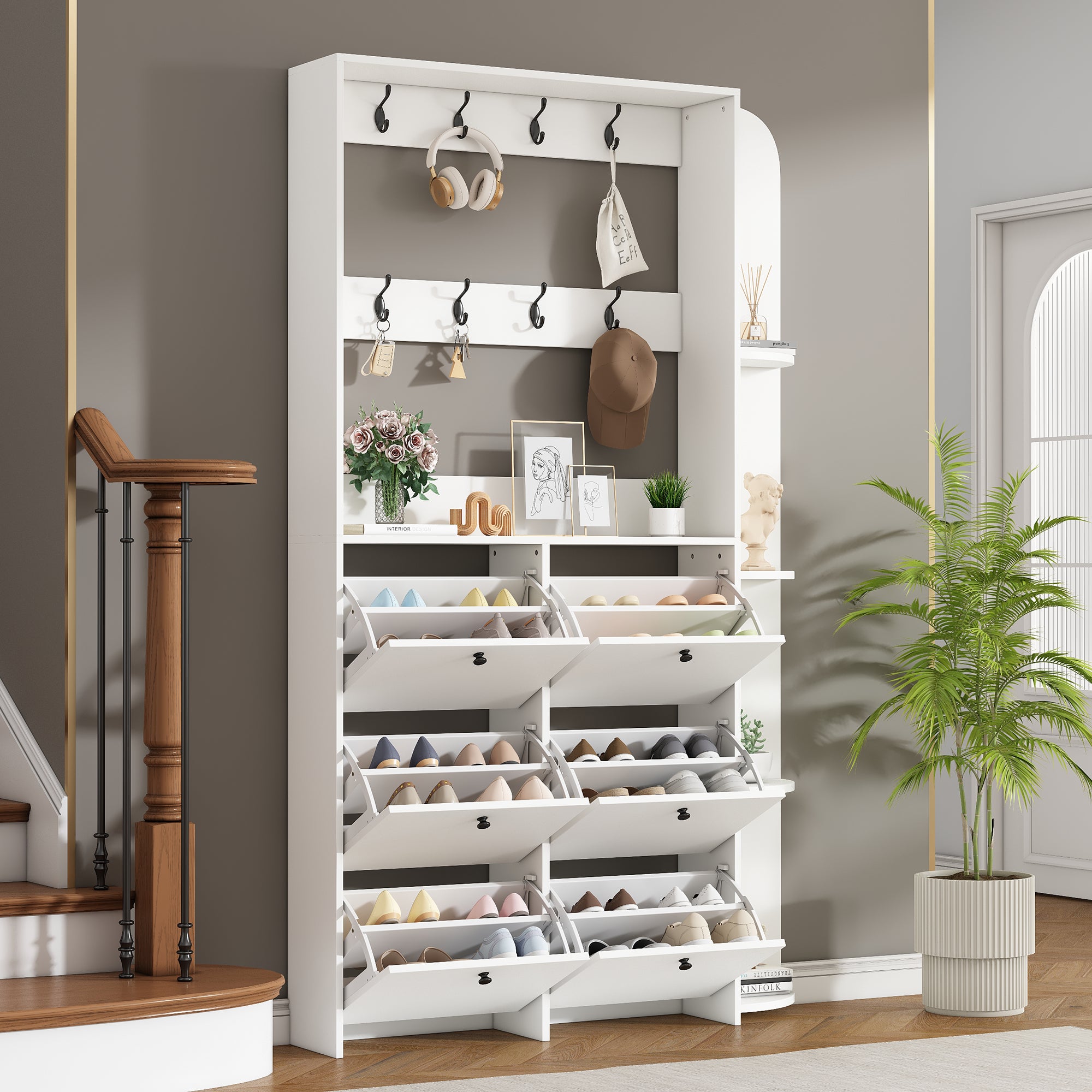 Szafka na buty 3 w 1 z drzwiami uchylnymi, 8 wieszakami i 5 półkami - 120 x 24 x 200 cm - Płyta wiórowa - Kolor biały