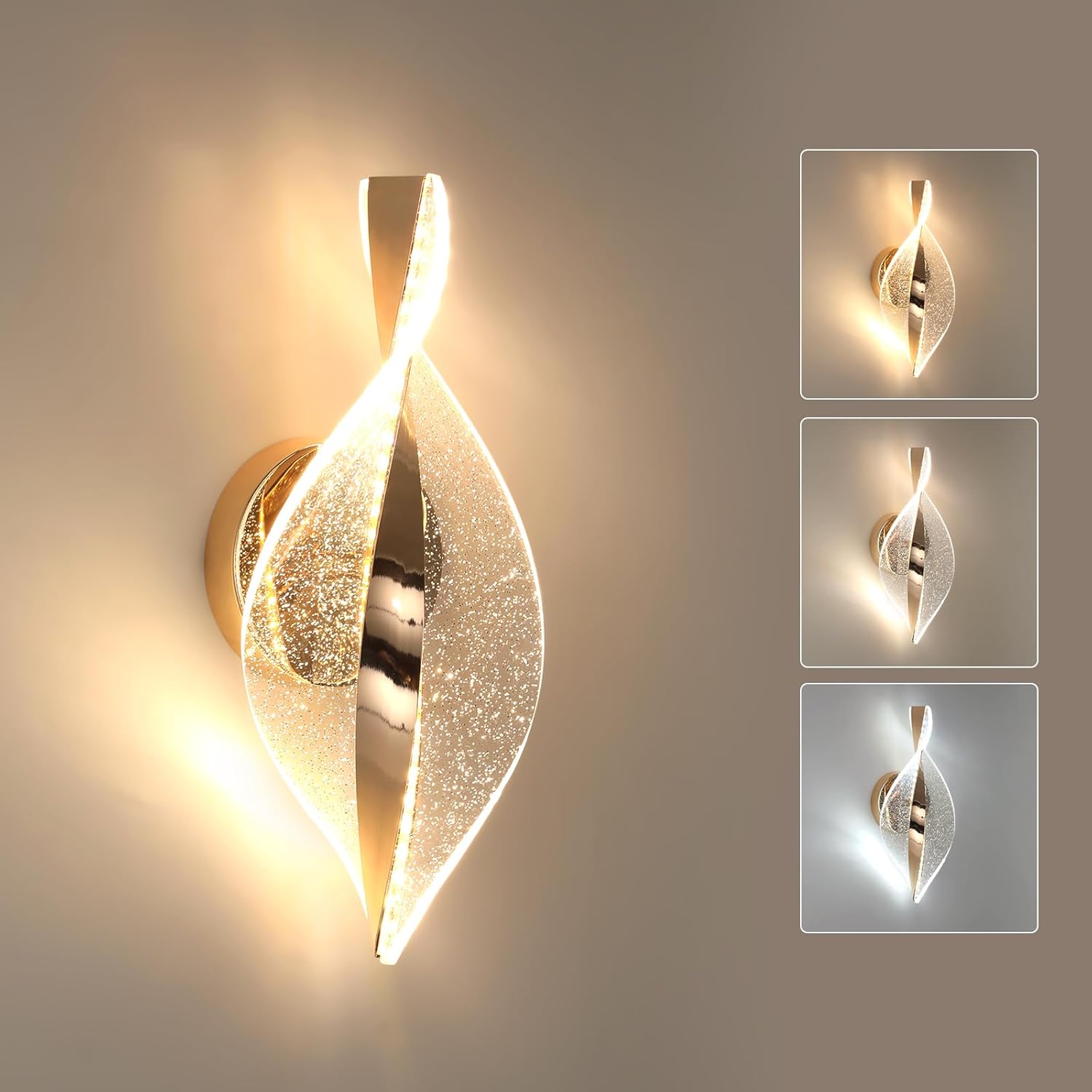 Kinkiet LED, 12 W, 2000 lm, złoty, ściemnialny, nowoczesne lampy ścienne | 3 temperatury barwowe: 3000 K/4500 K/6500 K