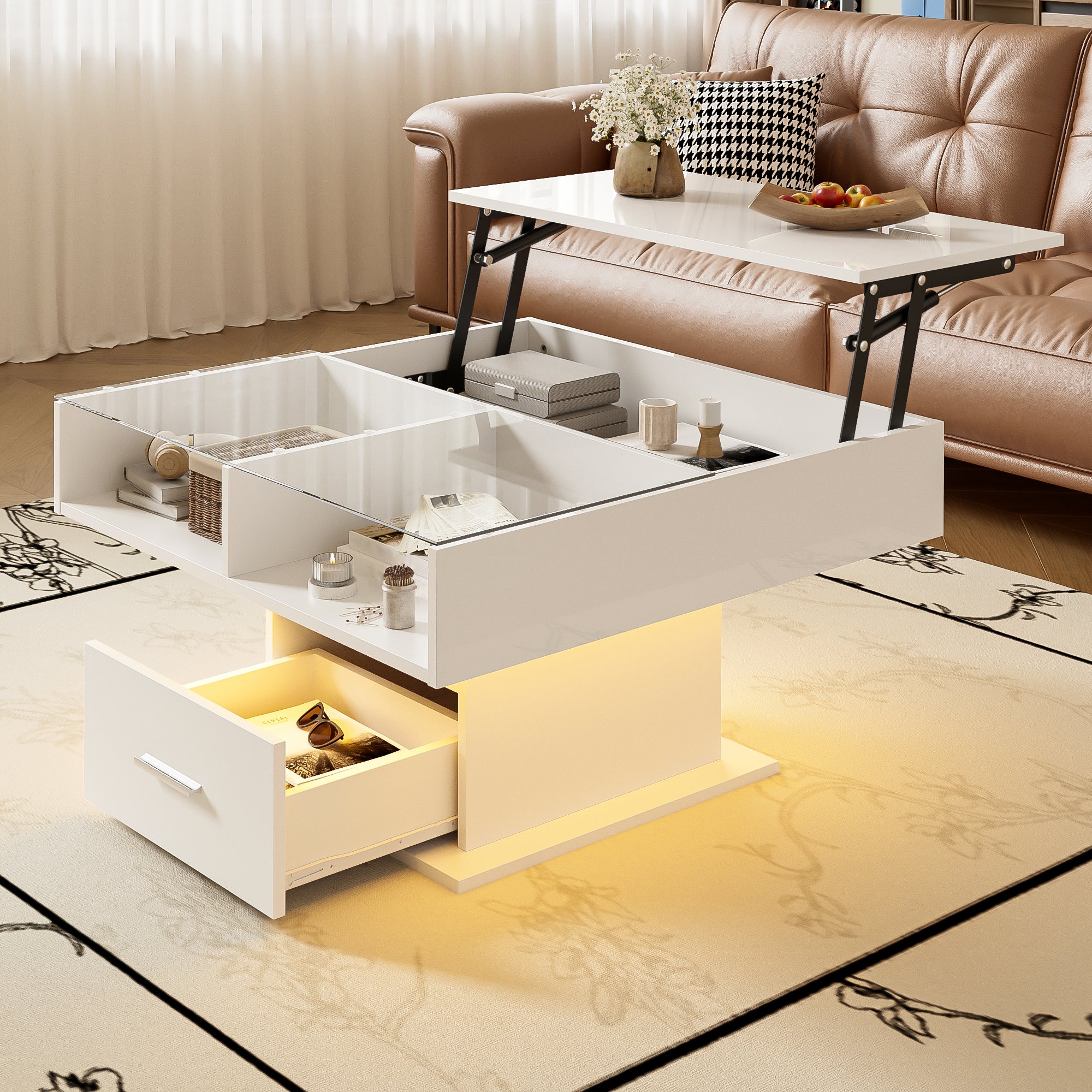 Podnoszony stolik kawowy z 2 przegródkami i 1 szufladą - 78 x 78 x 45,5 cm - Płyta wiórowa - Diody LED - Biały