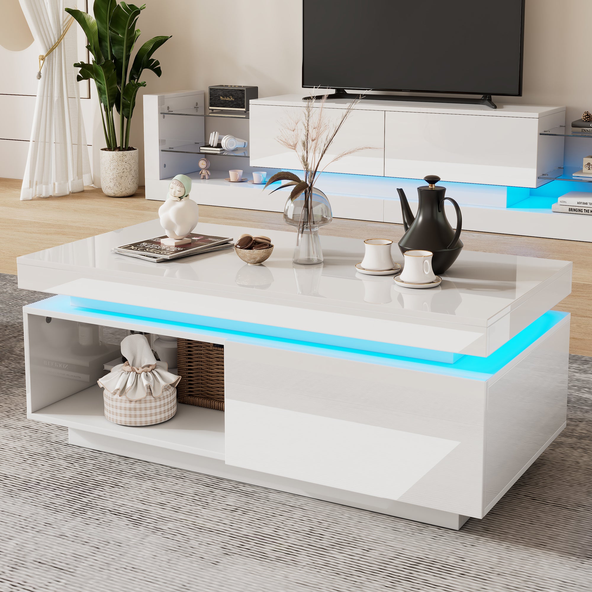Nowoczesny stolik kawowy na wysoki połysk z oświetleniem LED, 100x50x40,3 cm - Elegancki stolik z szufladą i nośnością 50 kg, Stolik kawowy, Biały