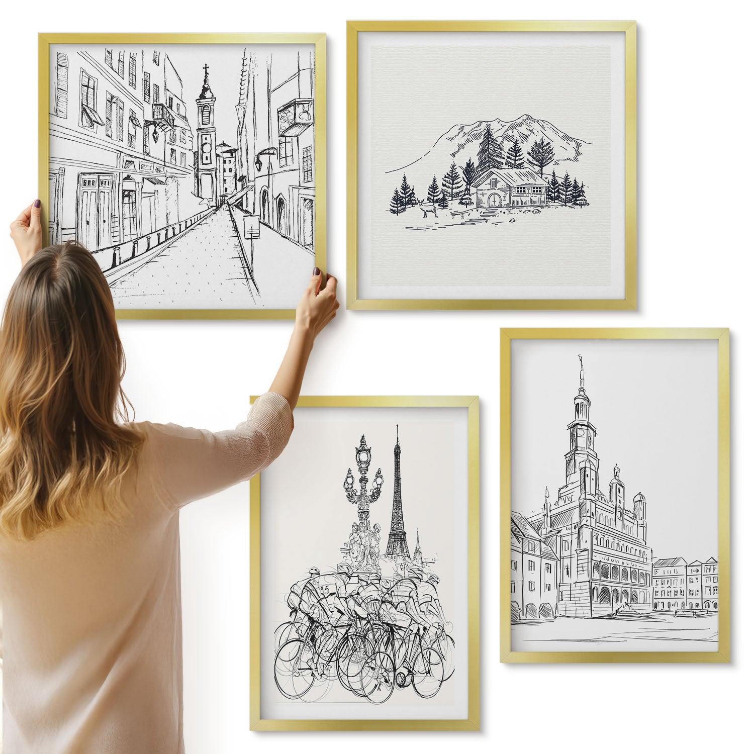 Galeria ścienna 4-częściowy komplet obrazów w złotych ramach - Proste rysunki miejskich widoków - ArtPrintCave
