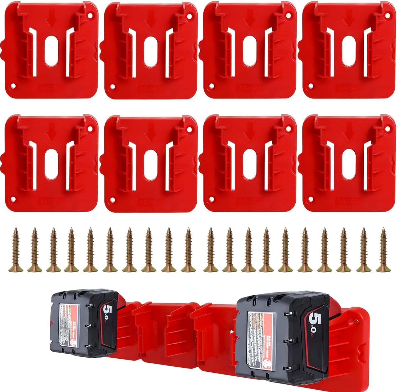 Zestaw 8 uchwytów do akumulatorów kompatybilnych z akumulatorami Milwaukee M18 18 V (M18 48-11-1815, 48-11-1860). Ścienny adapter do akumulatora