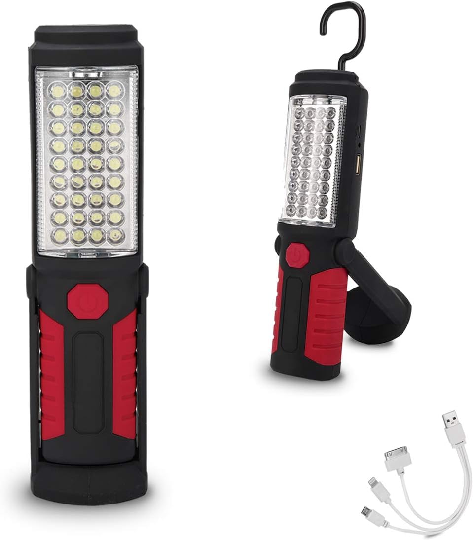 Akumulatorowa lampa robocza LED – przenośna lampa magnetyczna z haczykiem, wodoodporna, wielofunkcyjna do użytku w warsztacie na zewnątrz (czerwona)
