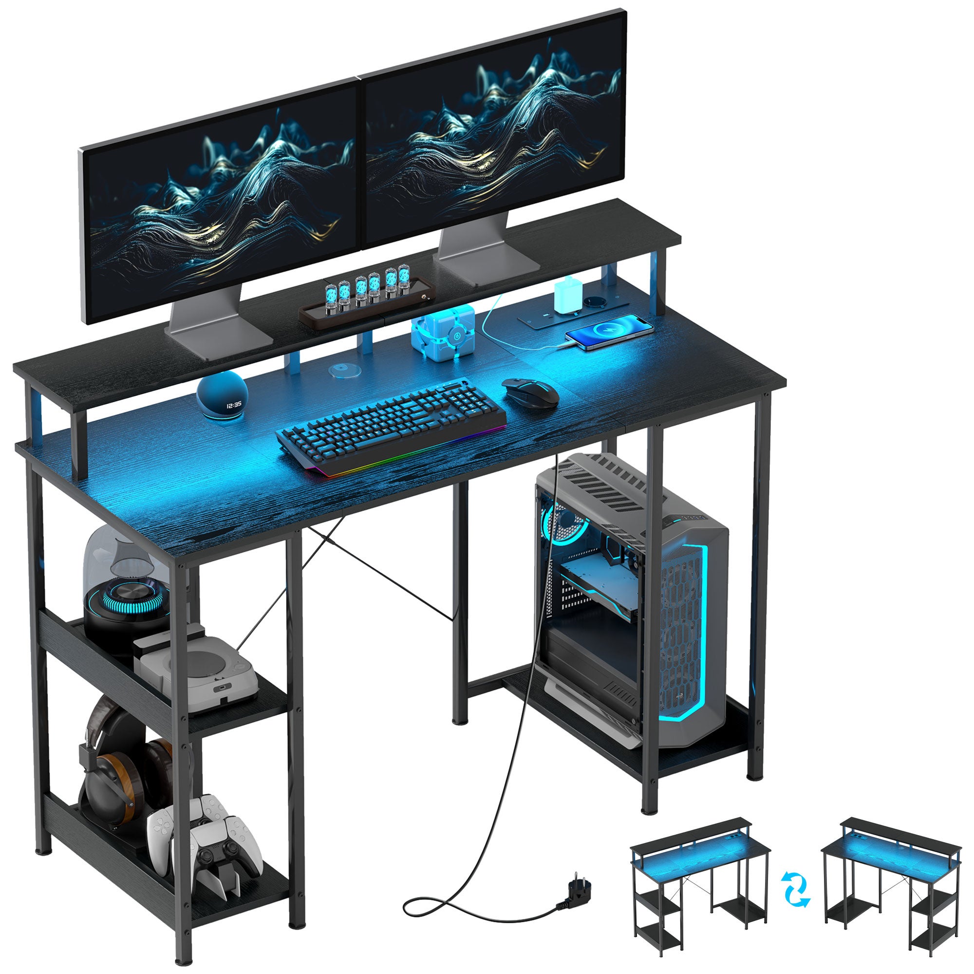 Biurko komputerowe z gniazdkami i LED, podwójny stojak na monitor, 120x50 cm, czarne, z funkcją odwracania