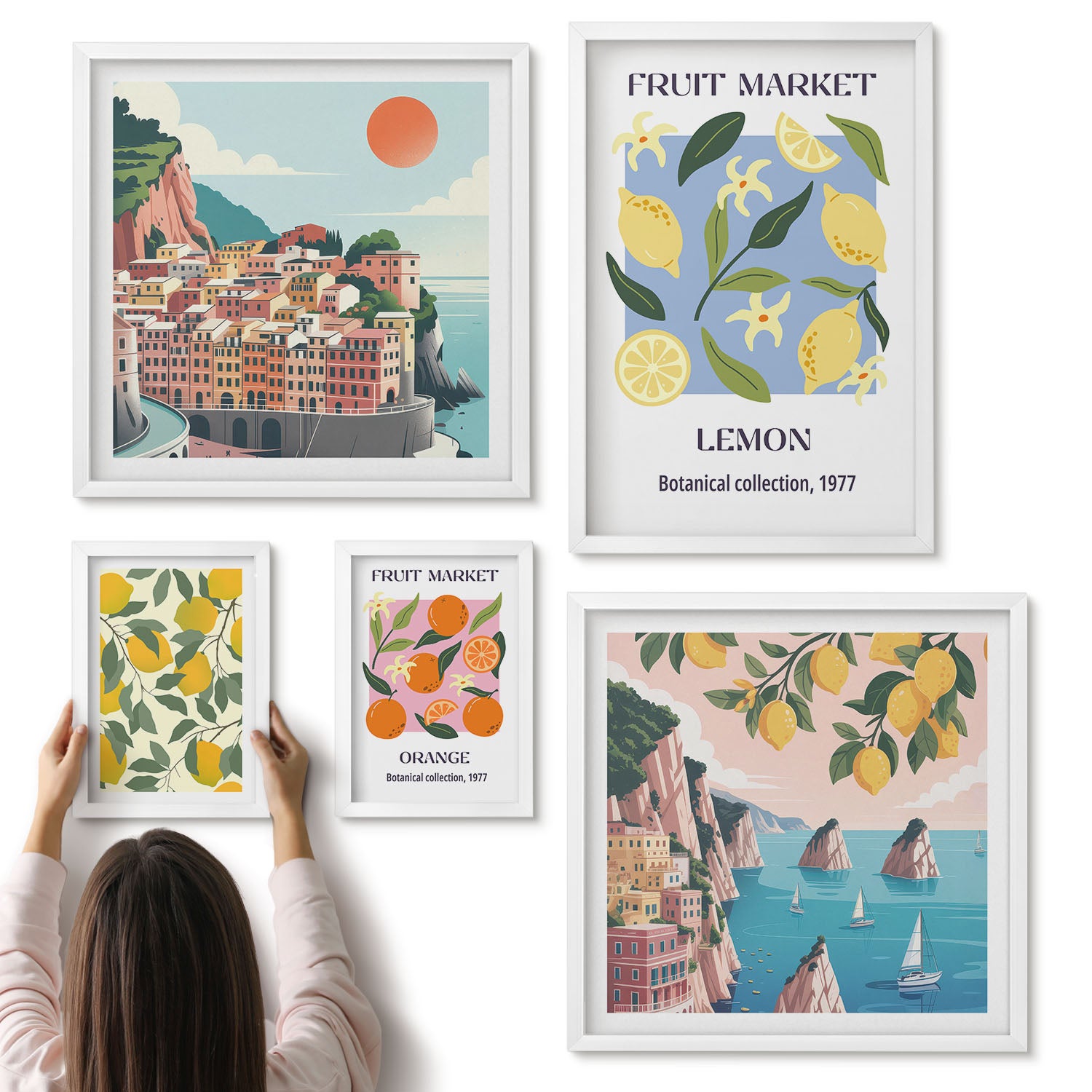 Galeria ścienna 5-częściowy komplet obrazów w białych ramach - Owocowe motywy i krajobrazy w stylu vintage - ArtPrintCave