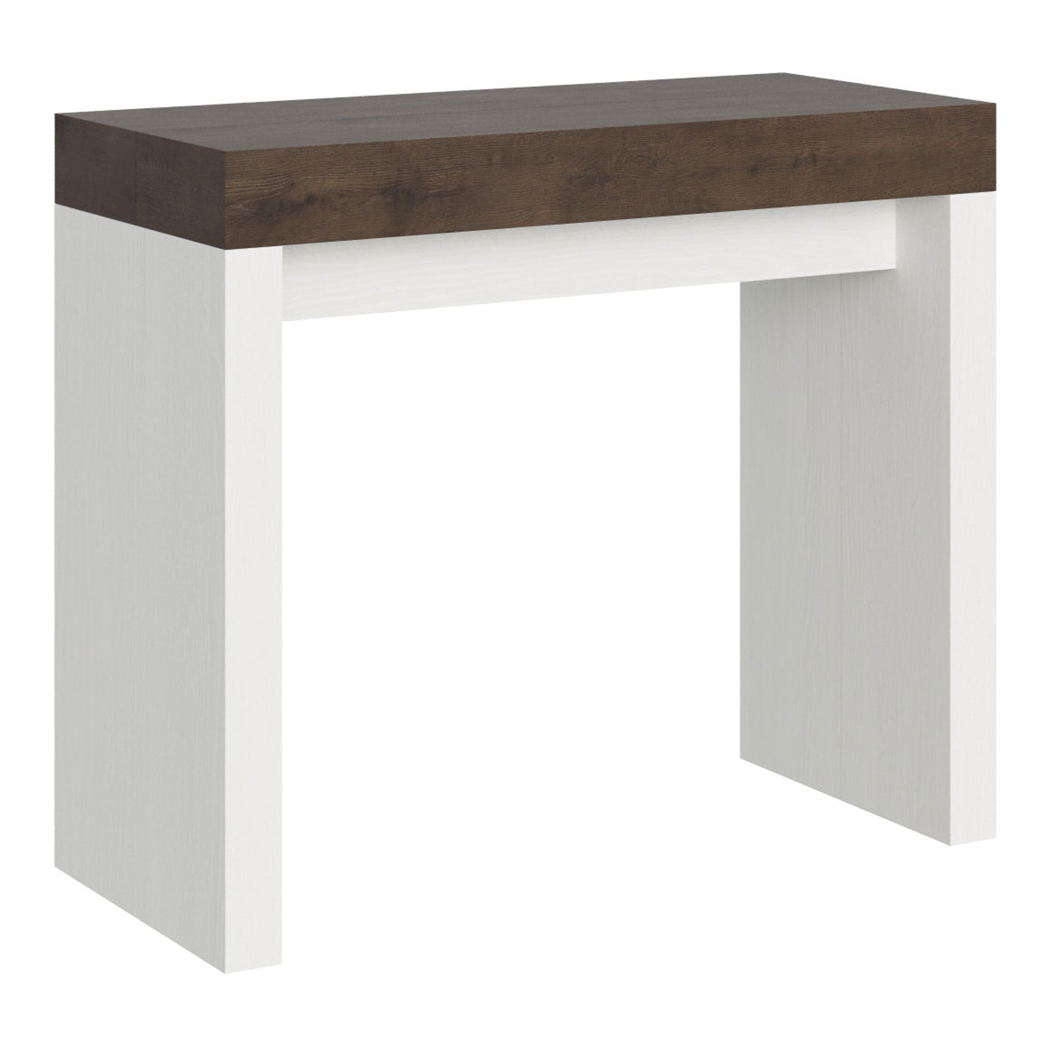 Mesa consola Roxell Mix de 90x40 cm con tablero de nogal y estructura de fresno blanco. Extensible hasta 300 cm.