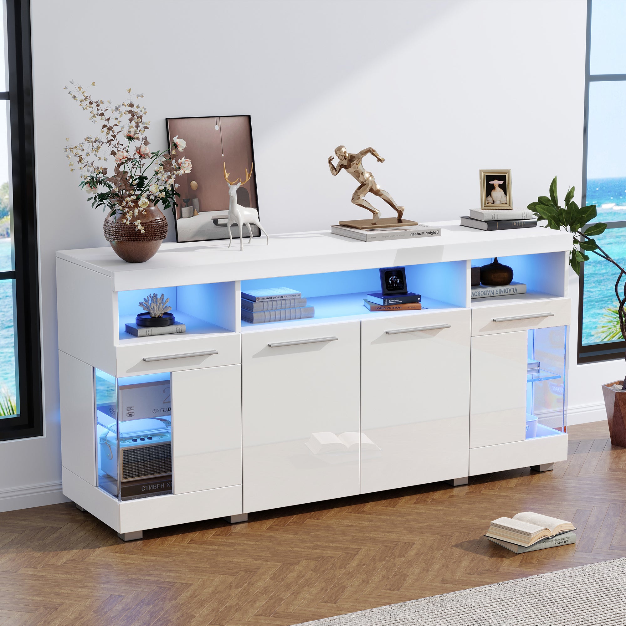 Stolik boczny 140*40*70cm do salonu szafka boczna na wysoki połysk z oświetleniem LED, szafka boczna ze szkła hartowanego z 3 przegródkami